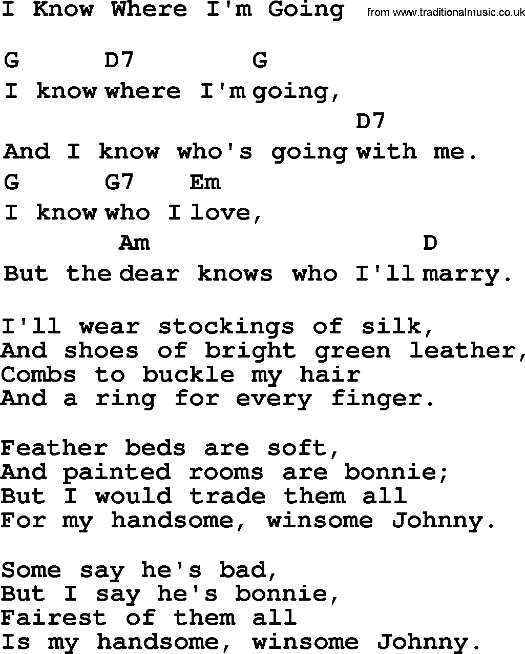 Top 1000 Most Popular Folk and Old-time Songs: I Know Where Im Going, lyrics and chords