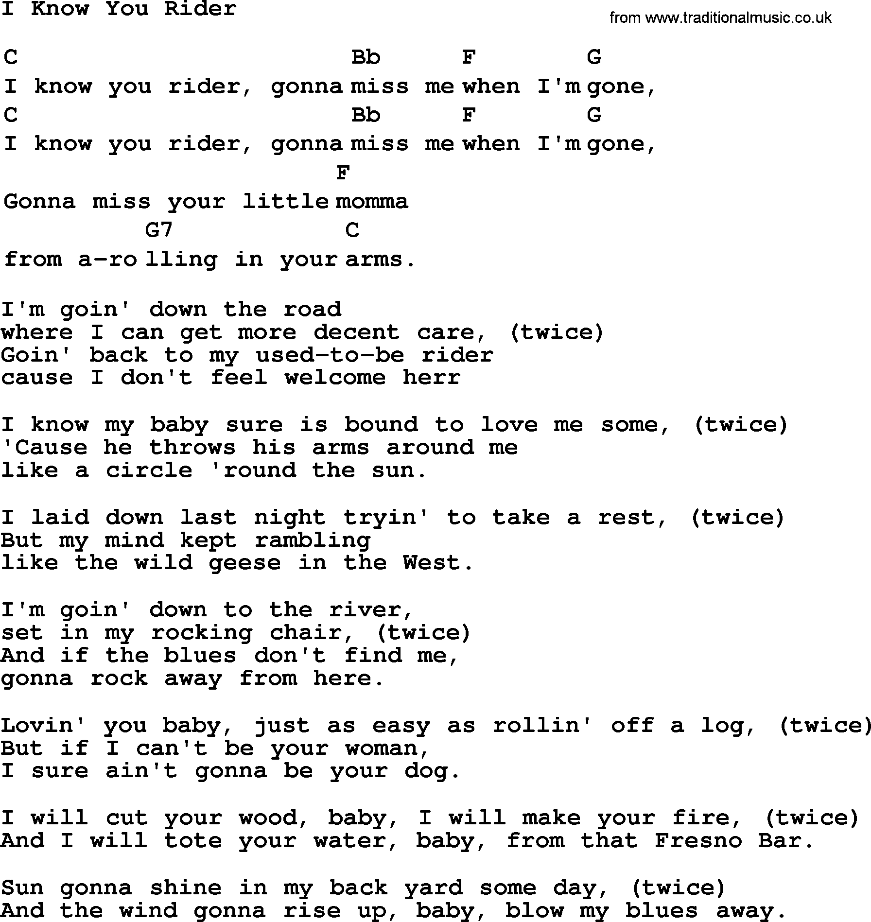 Top 1000 Most Popular Folk and Old-time Songs: I Know You Rider, lyrics and chords