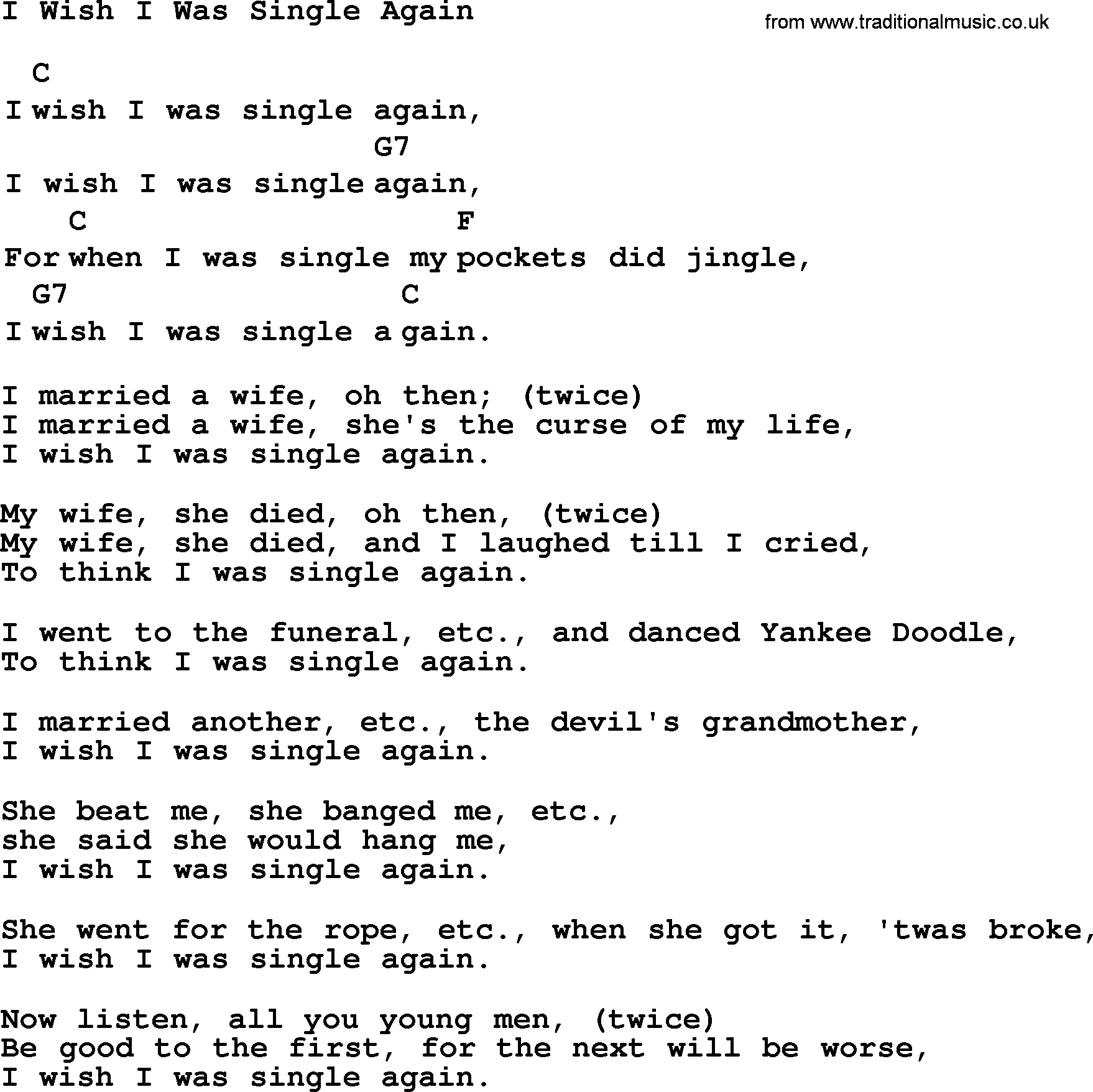 Top 1000 Most Popular Folk and Old-time Songs: I Wish I Was Single Again, lyrics and chords