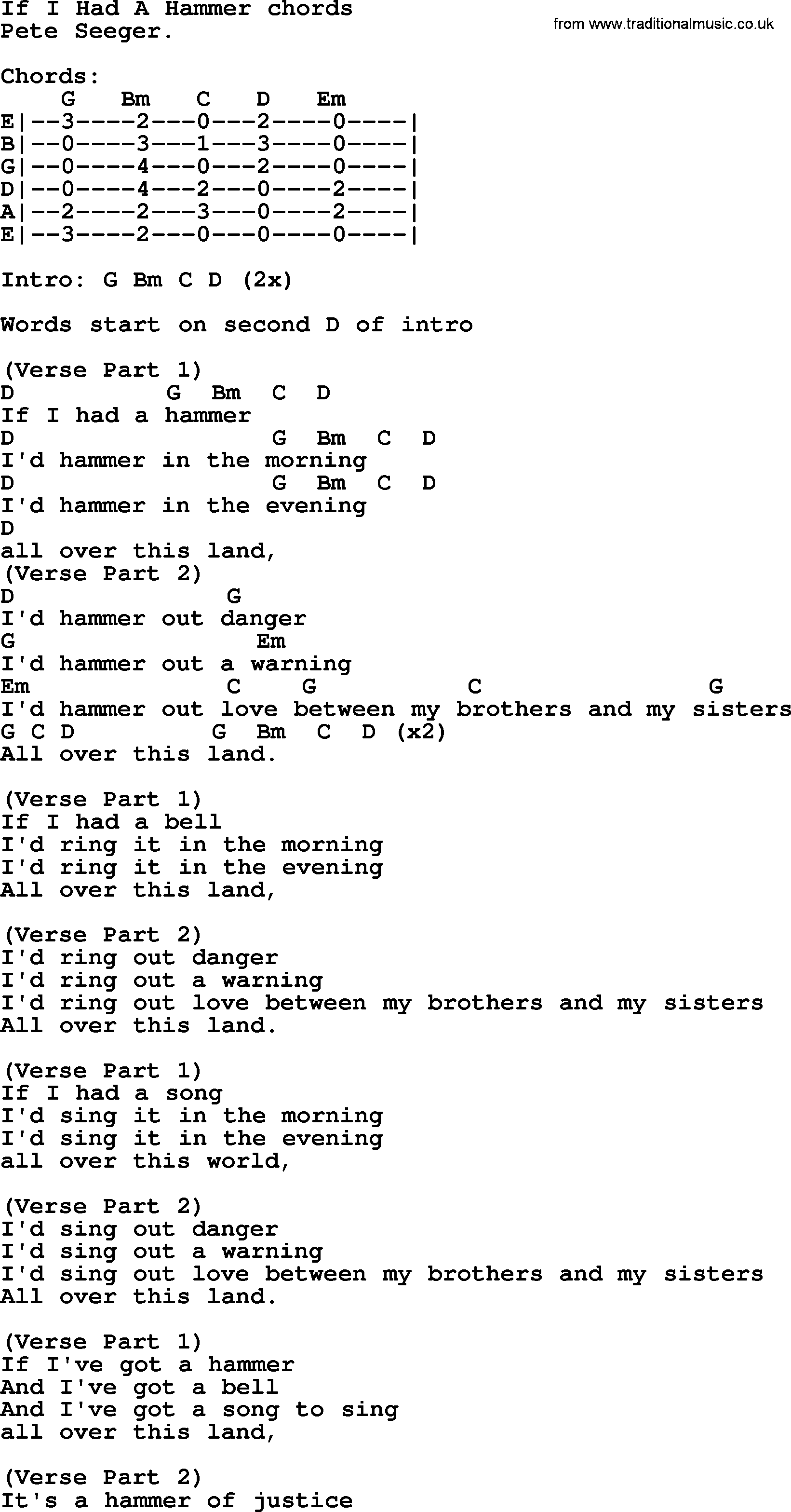 Top 1000 Most Popular Folk and Old-time Songs: If I Had A Hammer Chords, lyrics and chords