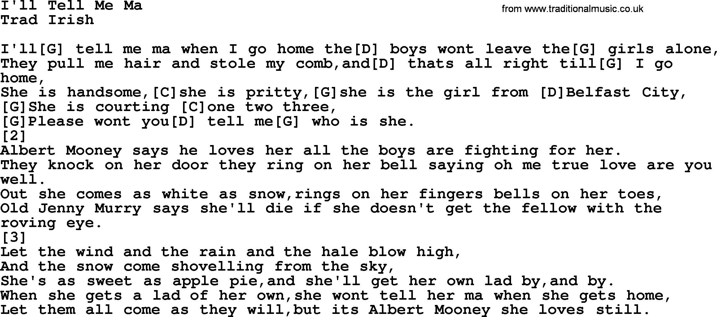 Top 1000 Most Popular Folk and Old-time Songs: I'll Tell Me Ma, lyrics and chords