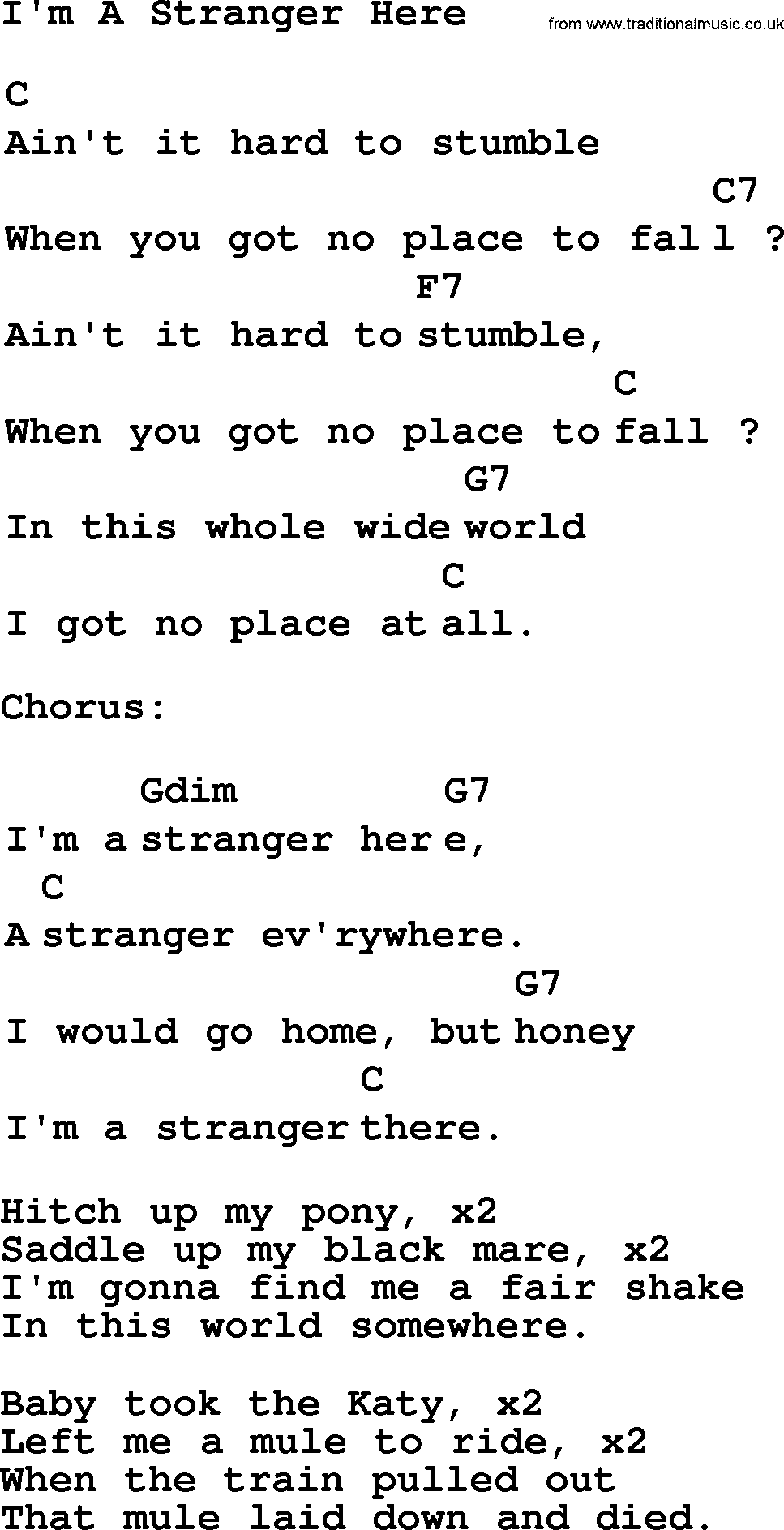 Top 1000 Most Popular Folk and Old-time Songs: Im A Stranger Here, lyrics and chords