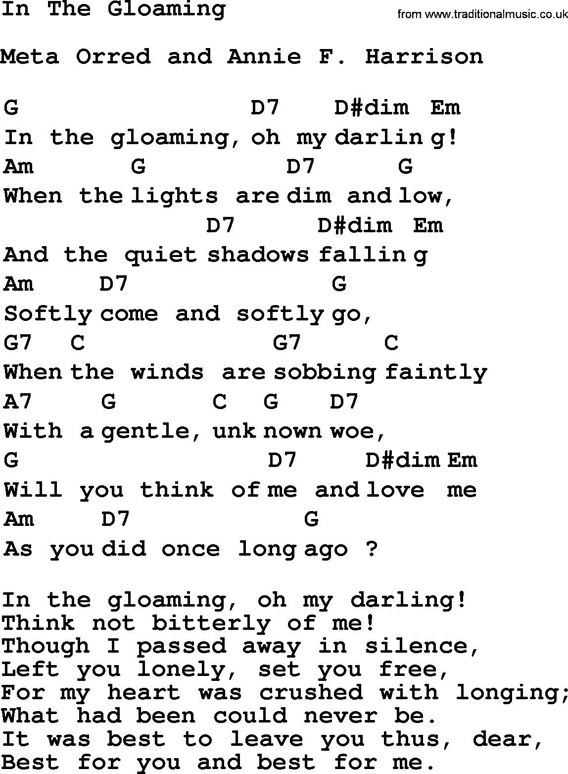 Top 1000 Most Popular Folk and Old-time Songs: In The Gloaming, lyrics and chords