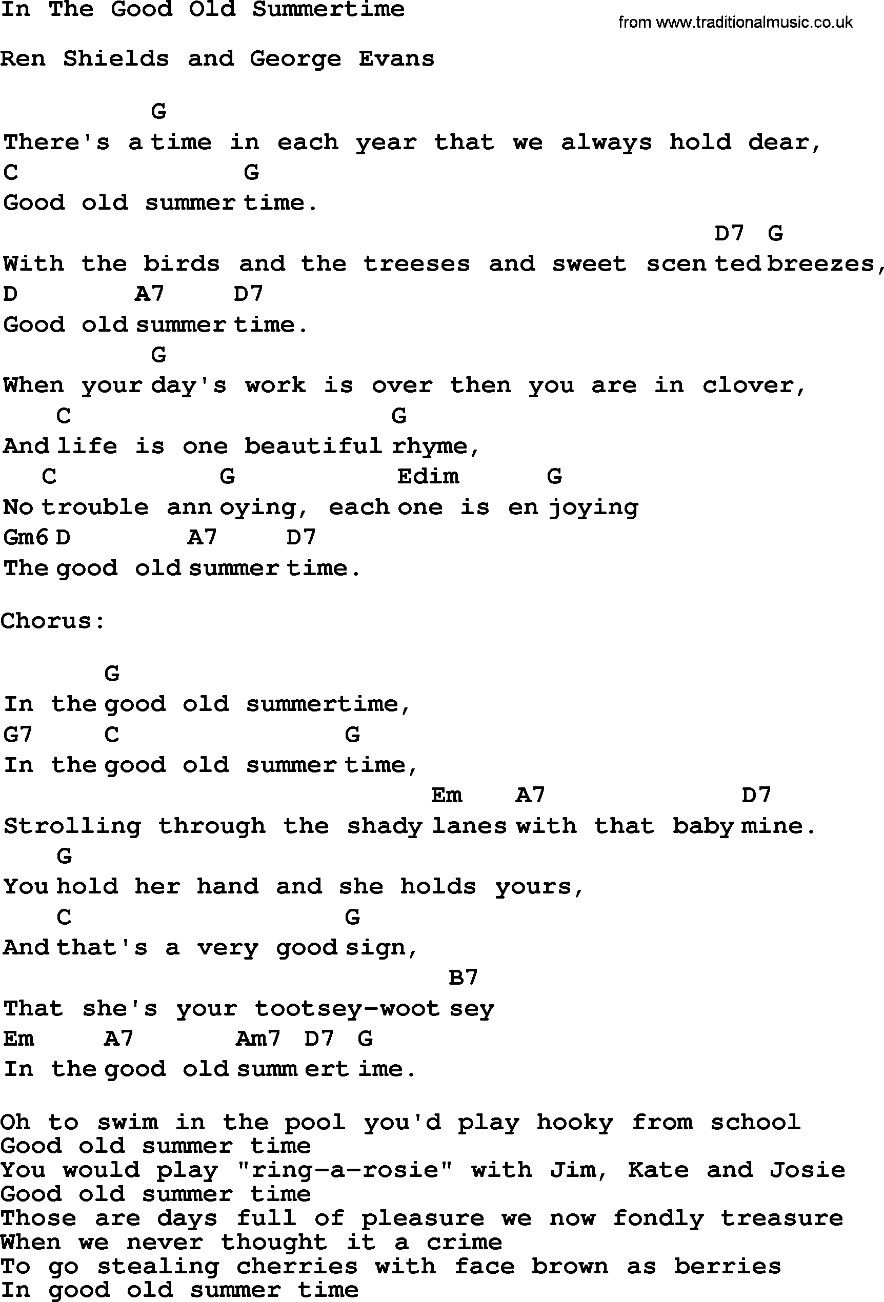 Top 1000 Most Popular Folk and Old-time Songs: In The Good Old Summertime, lyrics and chords
