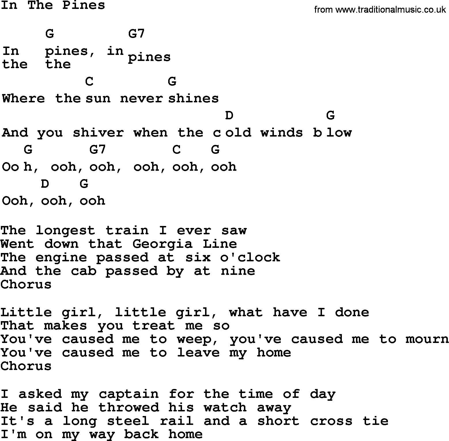 Top 1000 Most Popular Folk and Old-time Songs: In The Pines, lyrics and chords