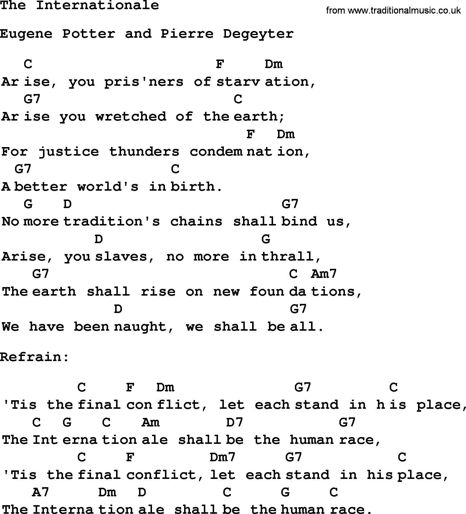 Top 1000 Most Popular Folk and Old-time Songs: Internationale, lyrics and chords