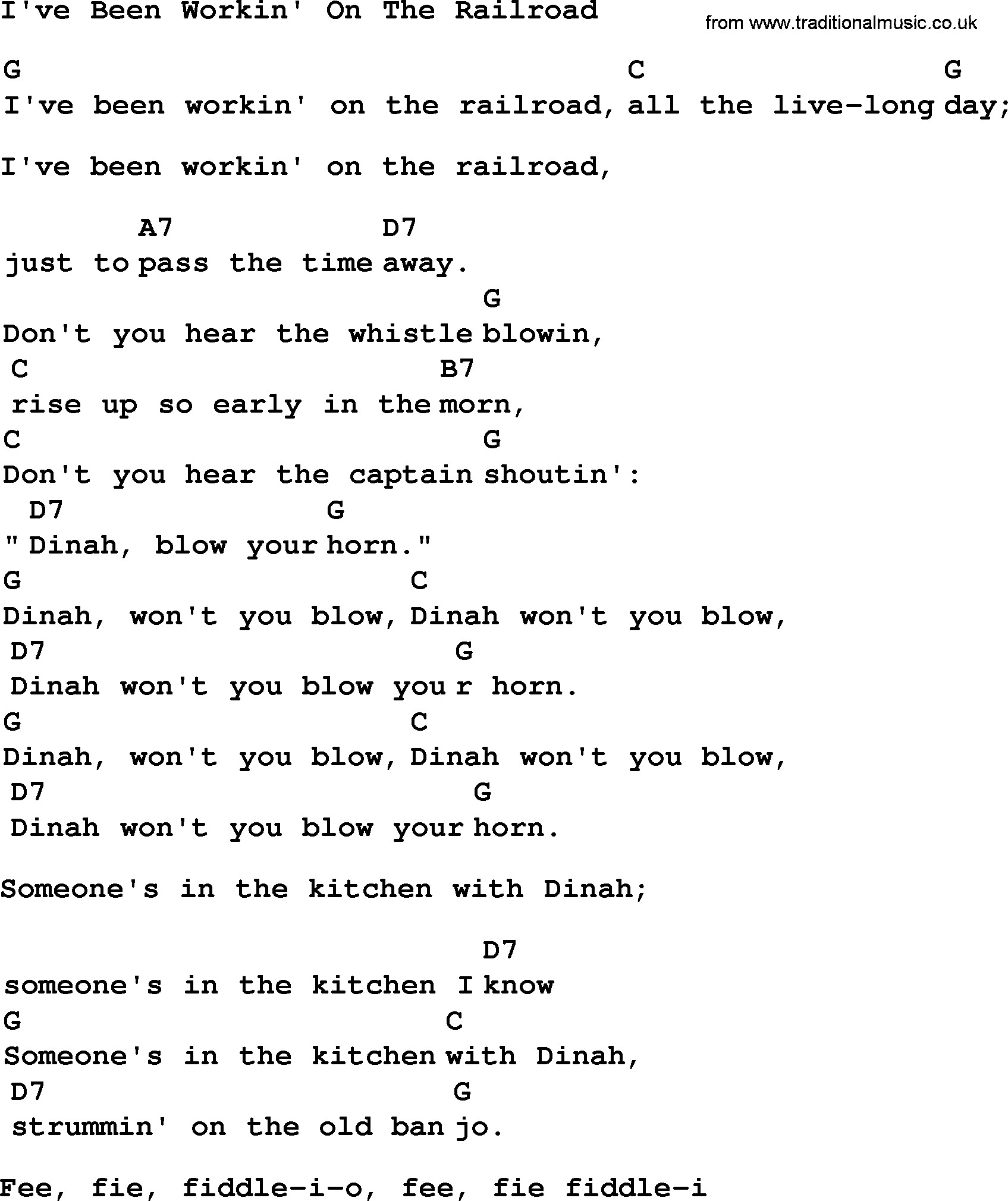 Top 1000 Most Popular Folk and Old-time Songs: Ive Been Workin On The Railroad, lyrics and chords