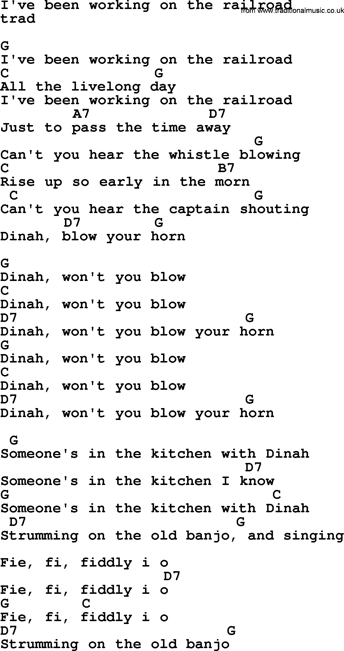 Top 1000 Most Popular Folk and Old-time Songs: I've Been Working On The Railroad, lyrics and chords