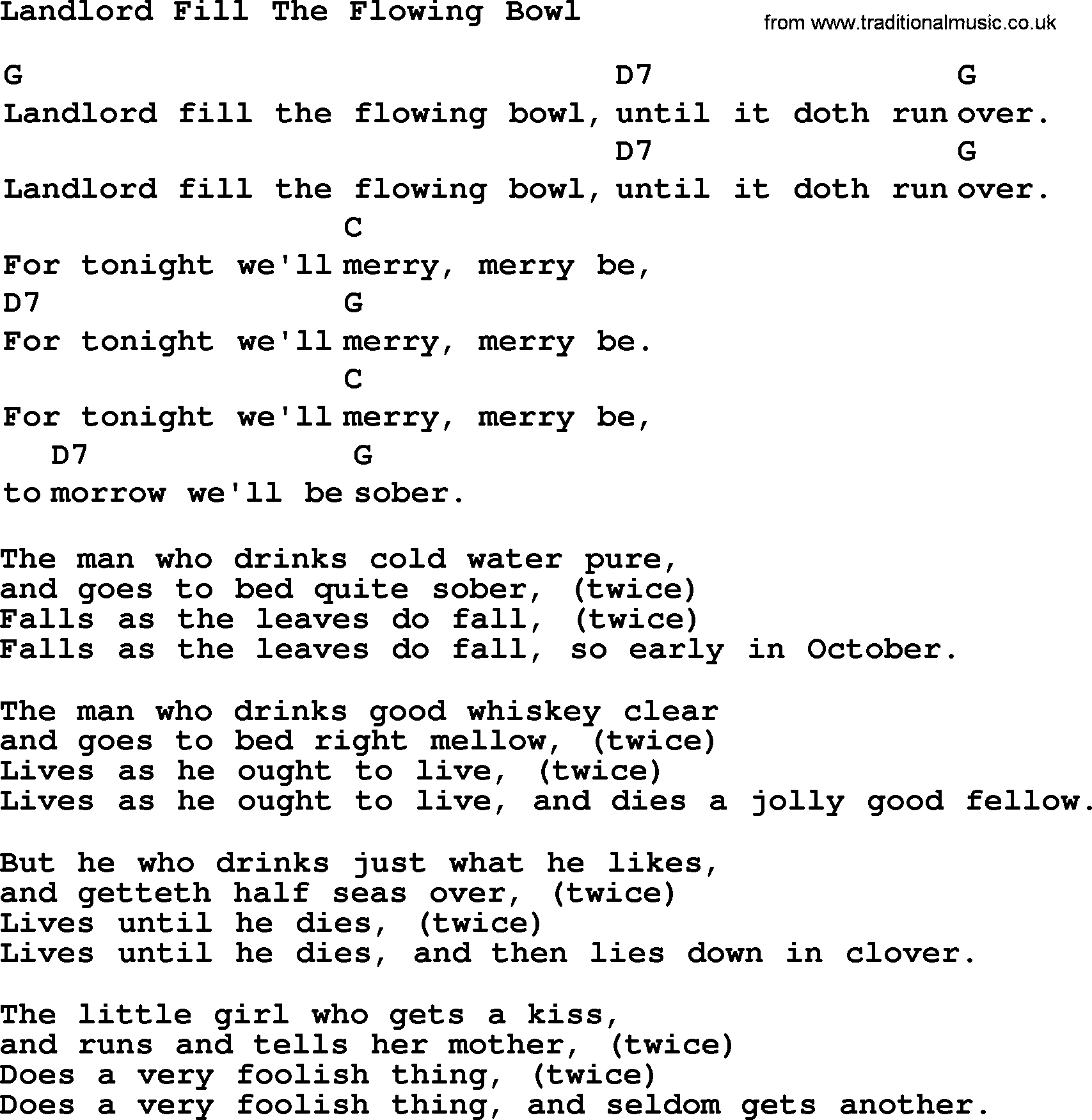 Top 1000 Most Popular Folk and Old-time Songs: Landlord Fill The Flowing Bowl, lyrics and chords