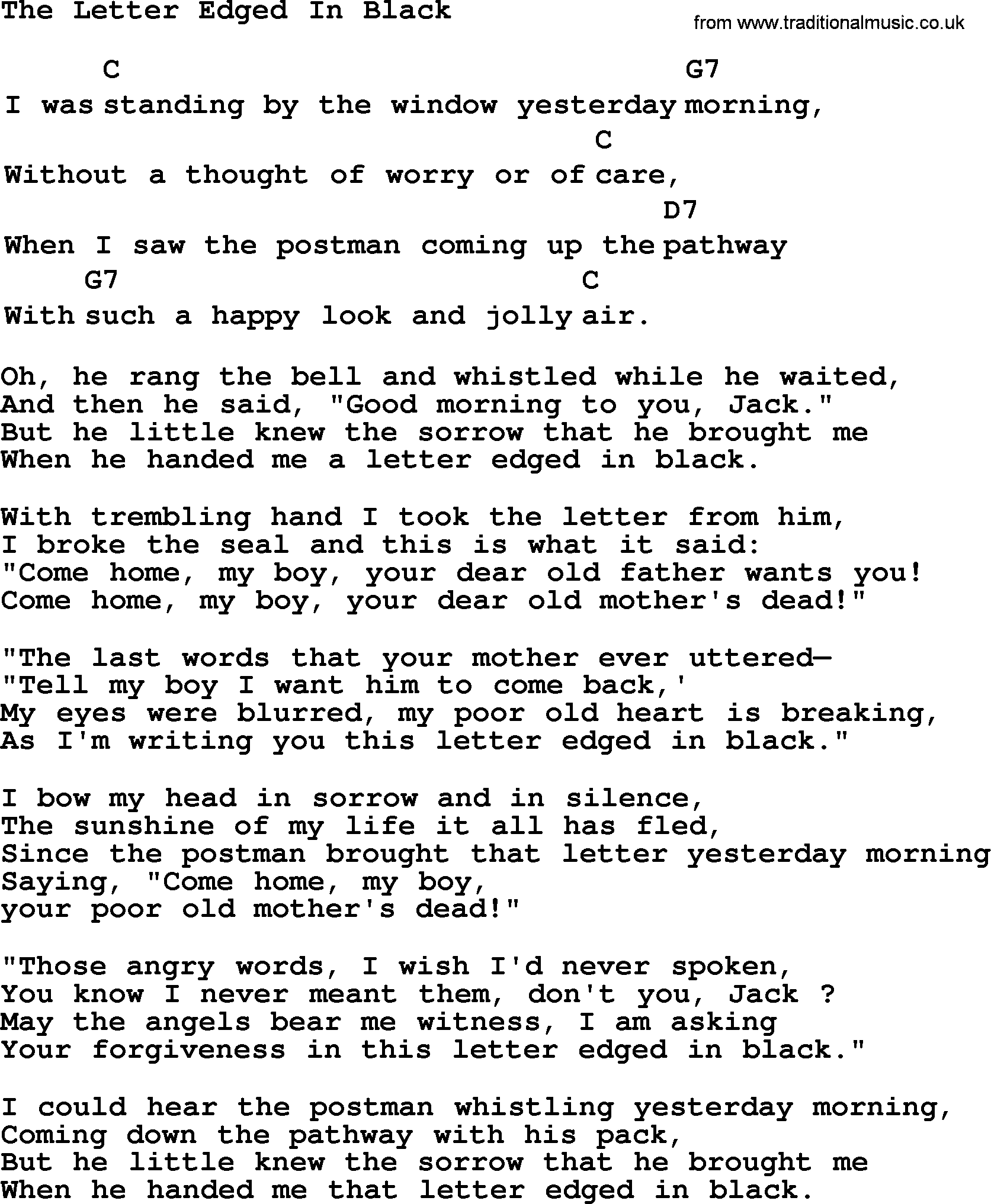 Top 1000 Most Popular Folk and Old-time Songs: Letter Edged In Black, lyrics and chords