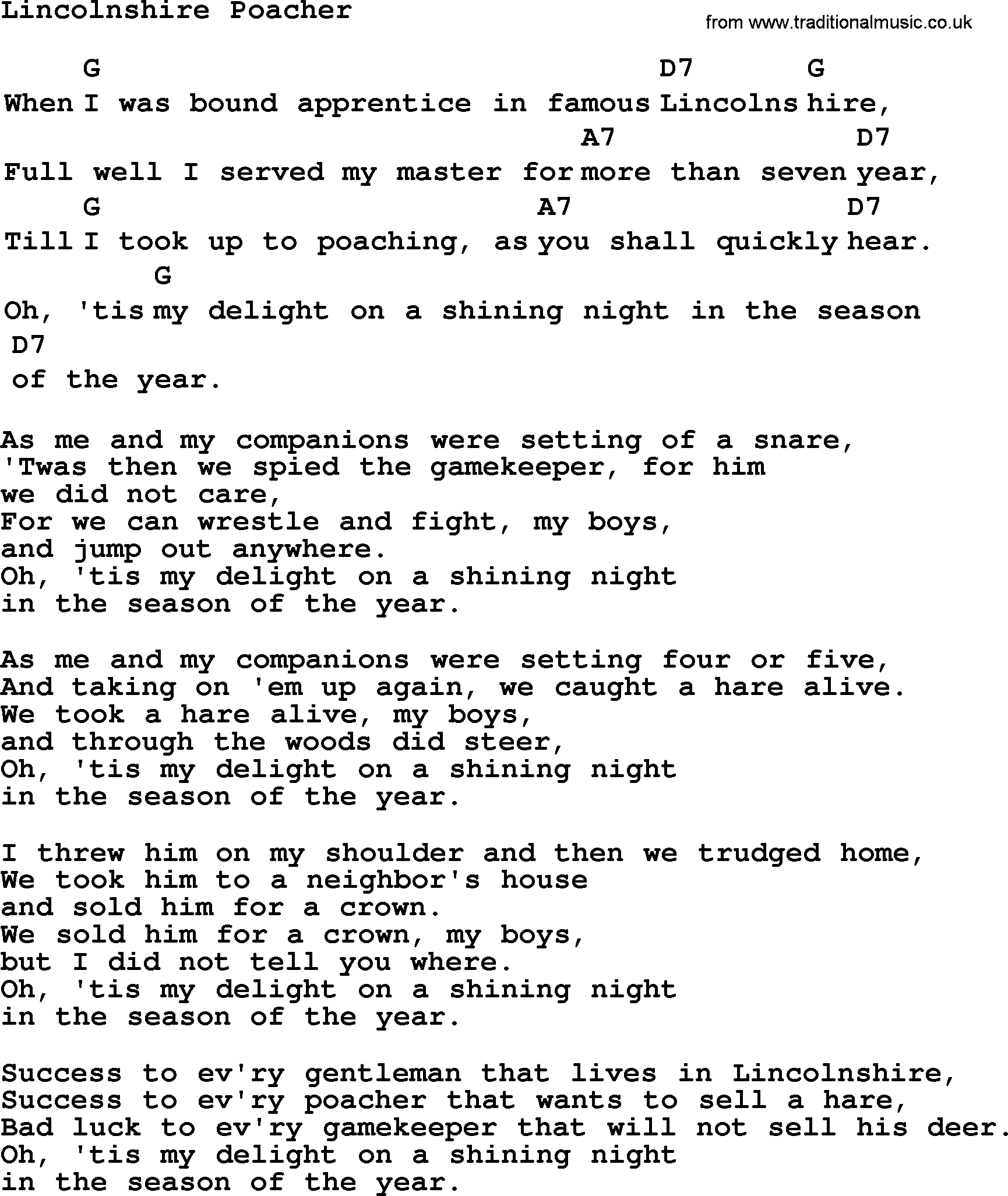Top 1000 Most Popular Folk and Old-time Songs: Lincolnshire Poacher, lyrics and chords