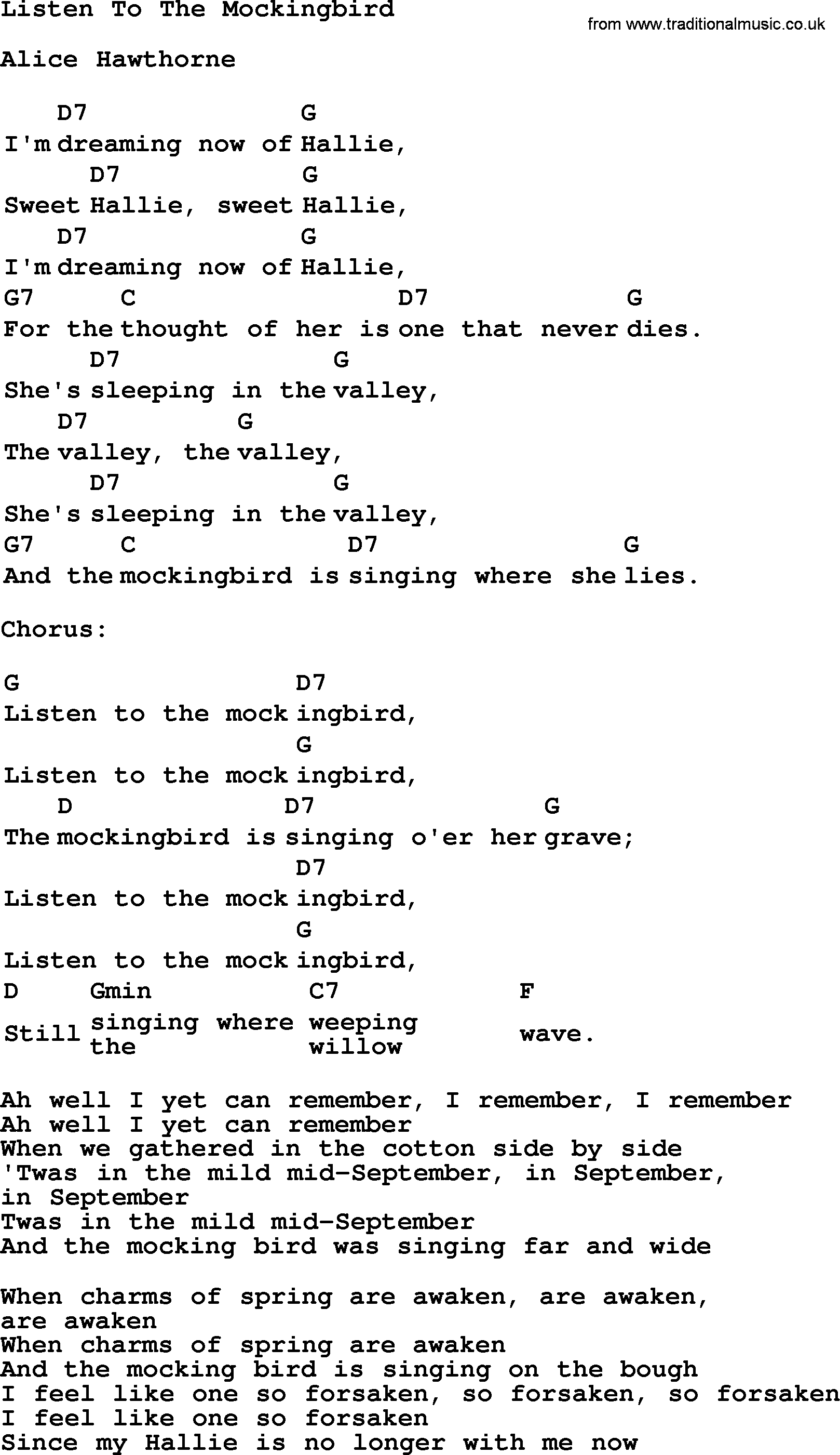 Top 1000 Most Popular Folk and Old-time Songs: Listen To The Mockingbird, lyrics and chords