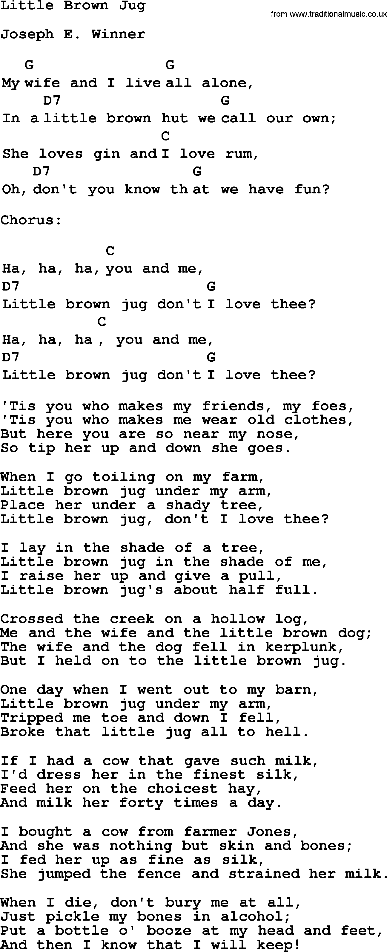 Top 1000 Most Popular Folk and Old-time Songs: Little Brown Jug, lyrics and chords