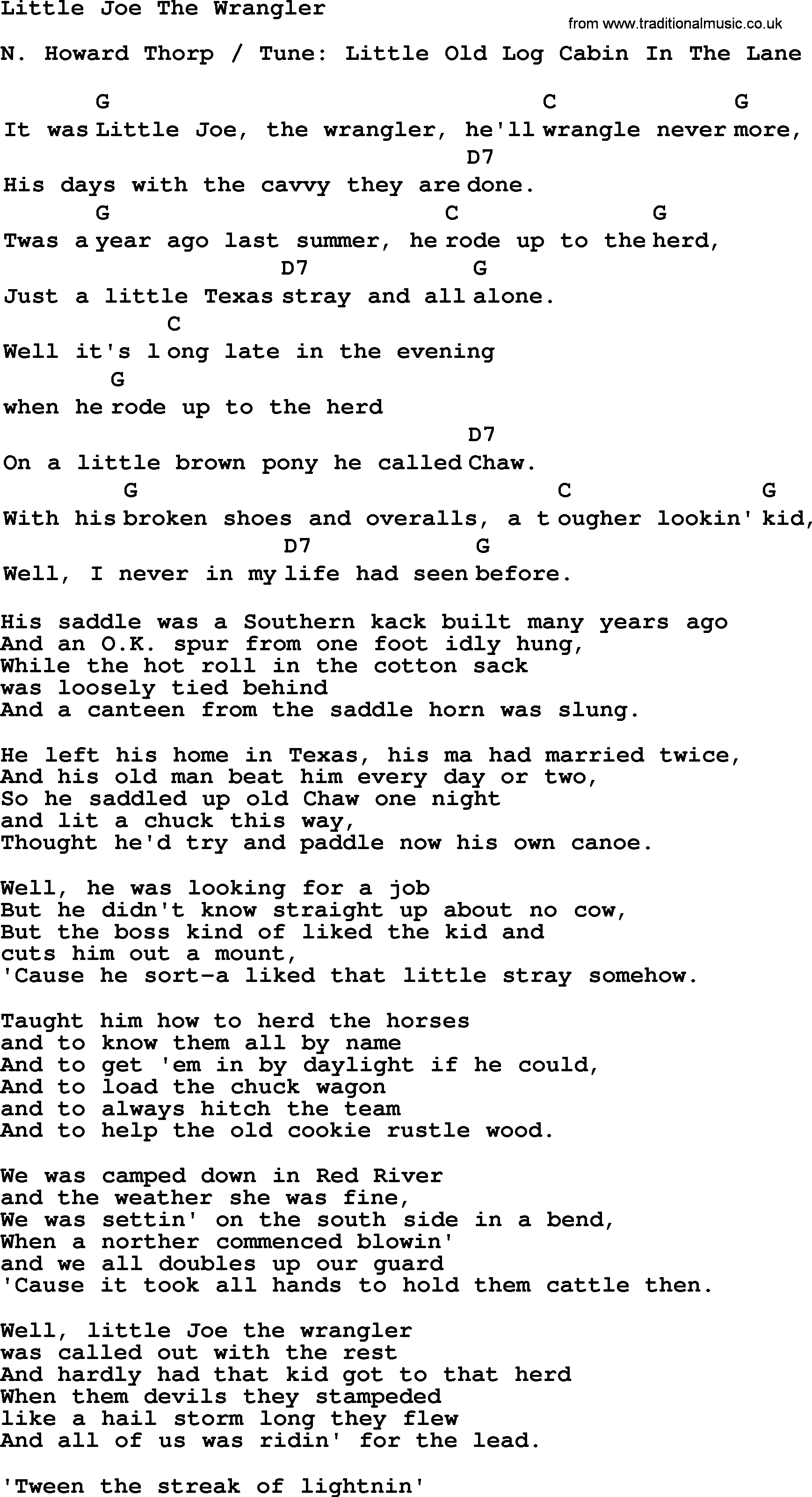 Top 1000 Most Popular Folk and Old-time Songs: Little Joe The Wrangler, lyrics and chords