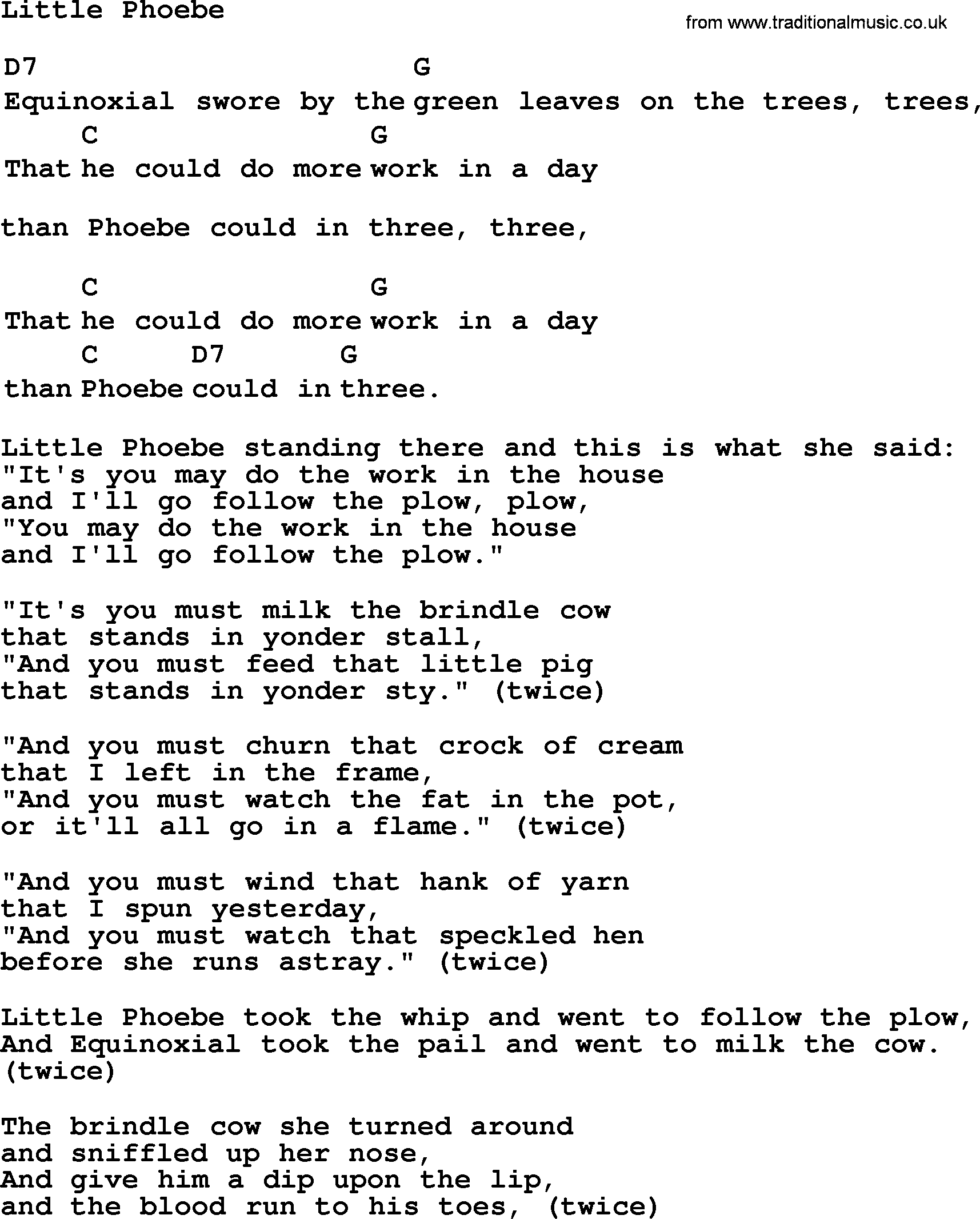 Top 1000 Most Popular Folk and Old-time Songs: Little Phoebe, lyrics and chords