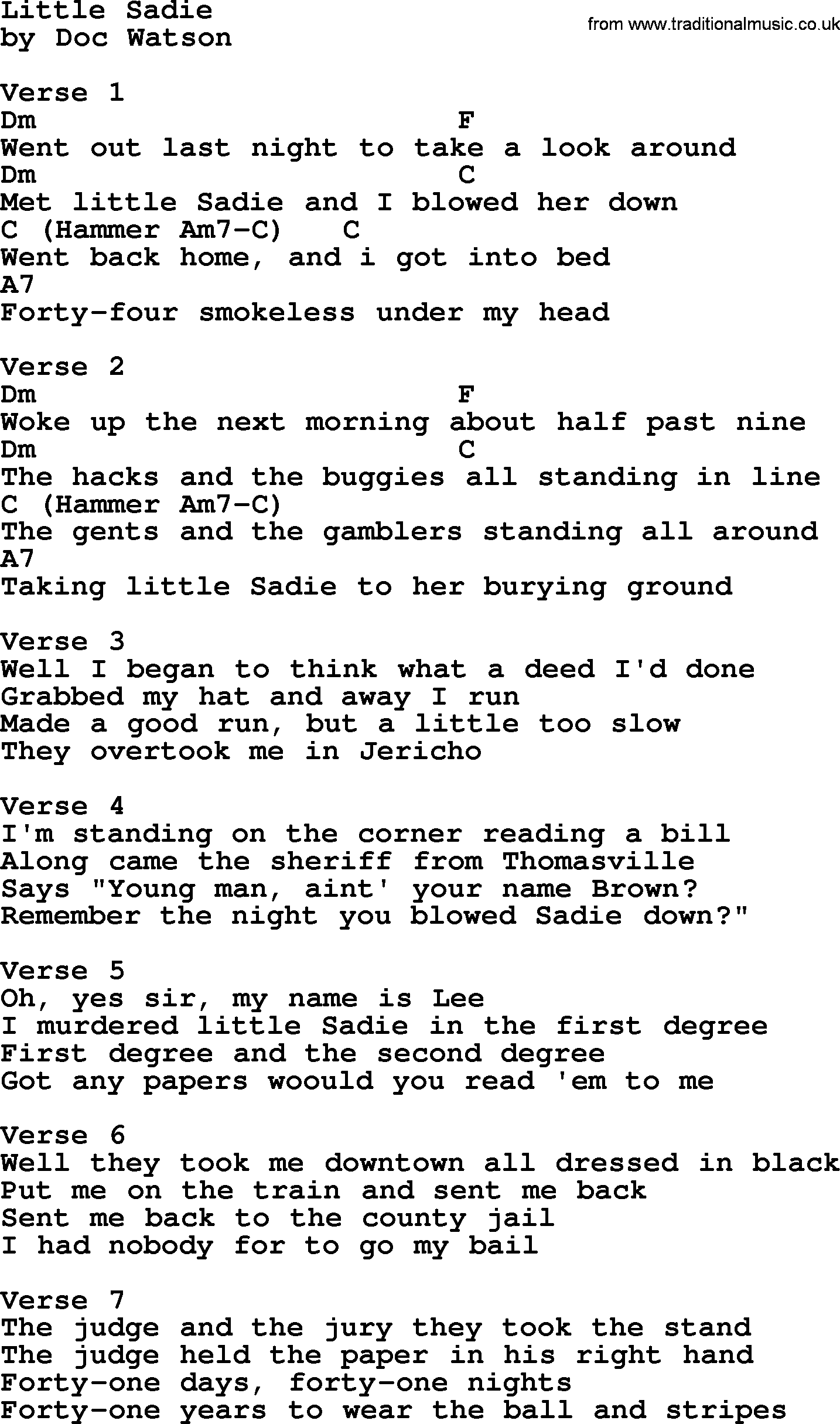 Top 1000 Most Popular Folk and Old-time Songs: Little Sadie, lyrics and chords
