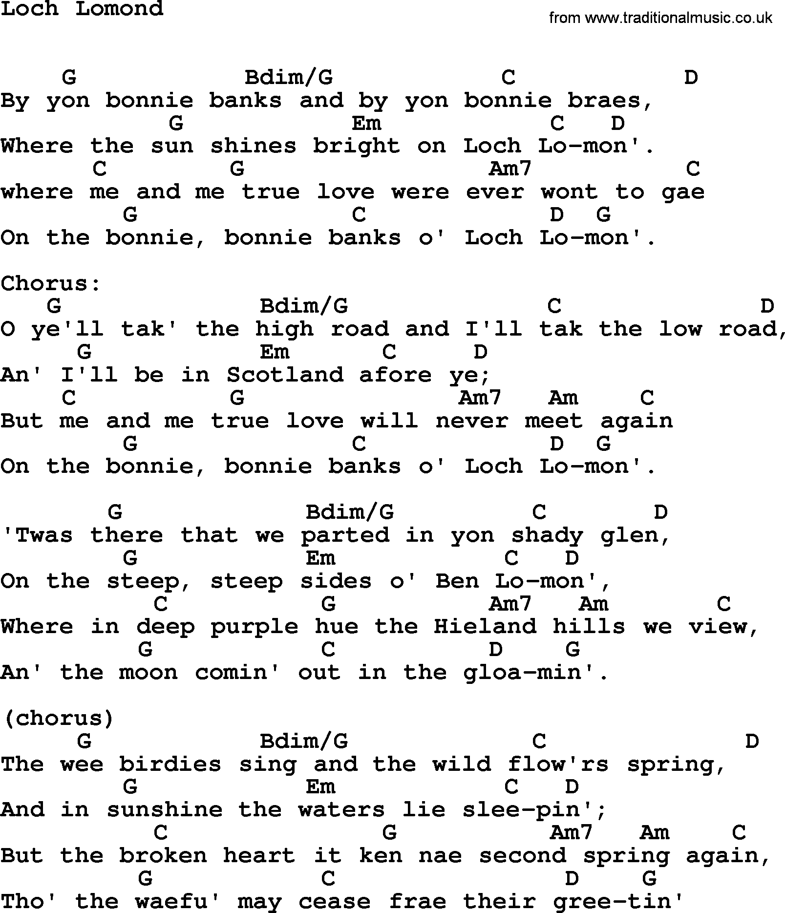 Top 1000 Most Popular Folk and Old-time Songs: Loch Lomond, lyrics and chords