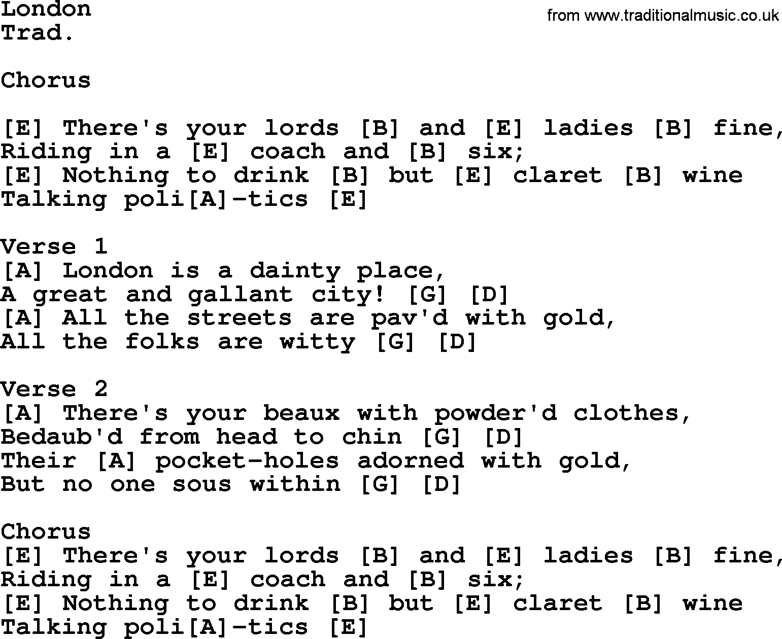 Top 1000 Most Popular Folk and Old-time Songs: London, lyrics and chords