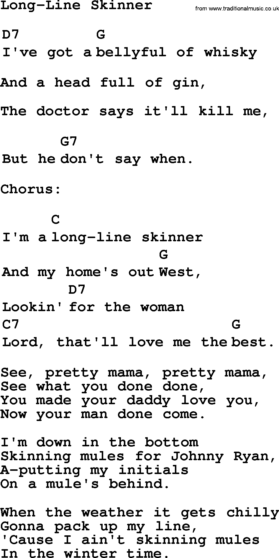 Top 1000 Most Popular Folk and Old-time Songs: Long-Line Skinner, lyrics and chords