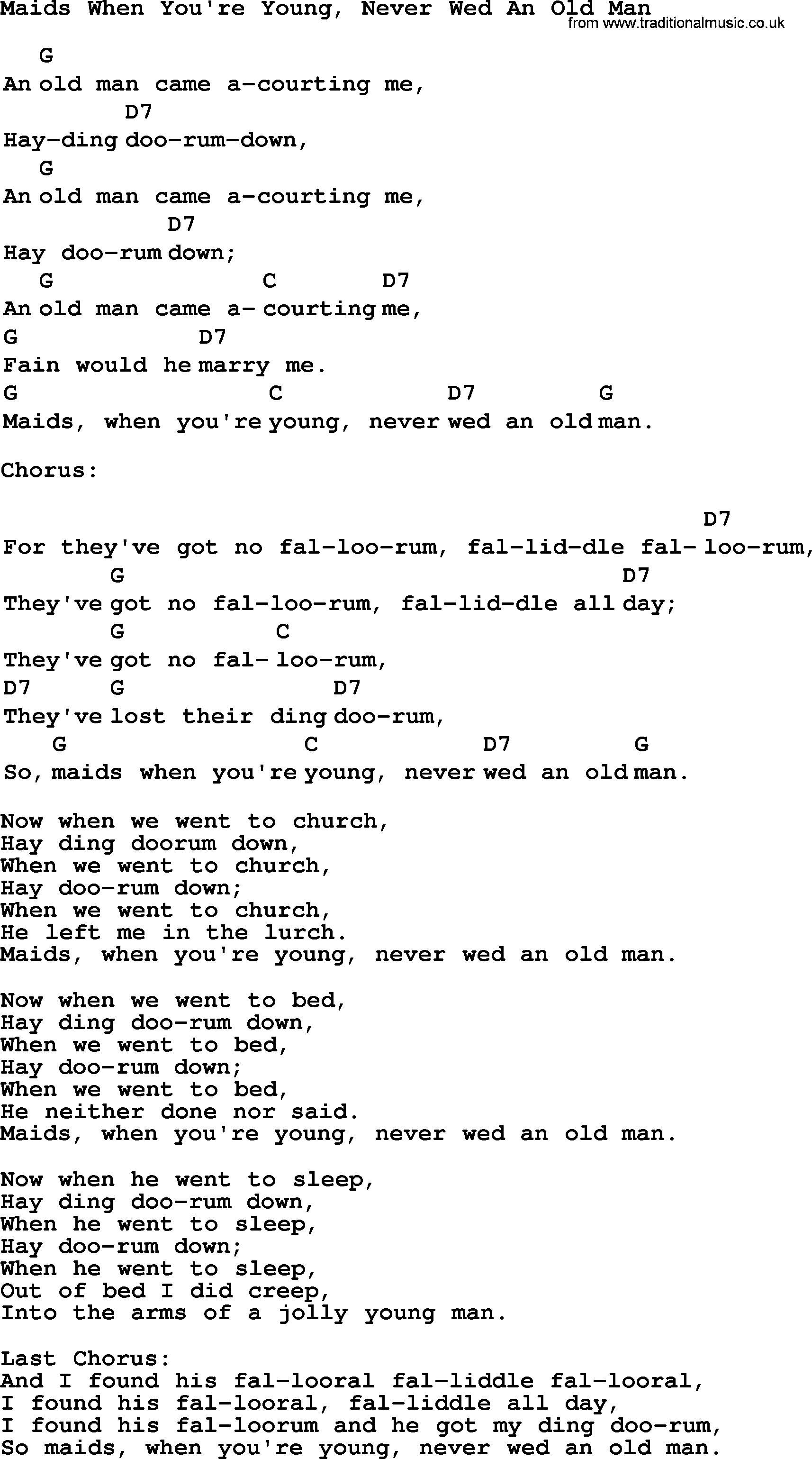 Top 1000 Most Popular Folk and Old-time Songs: Maids When Youre Young, Never Wed An Old Man, lyrics and chords