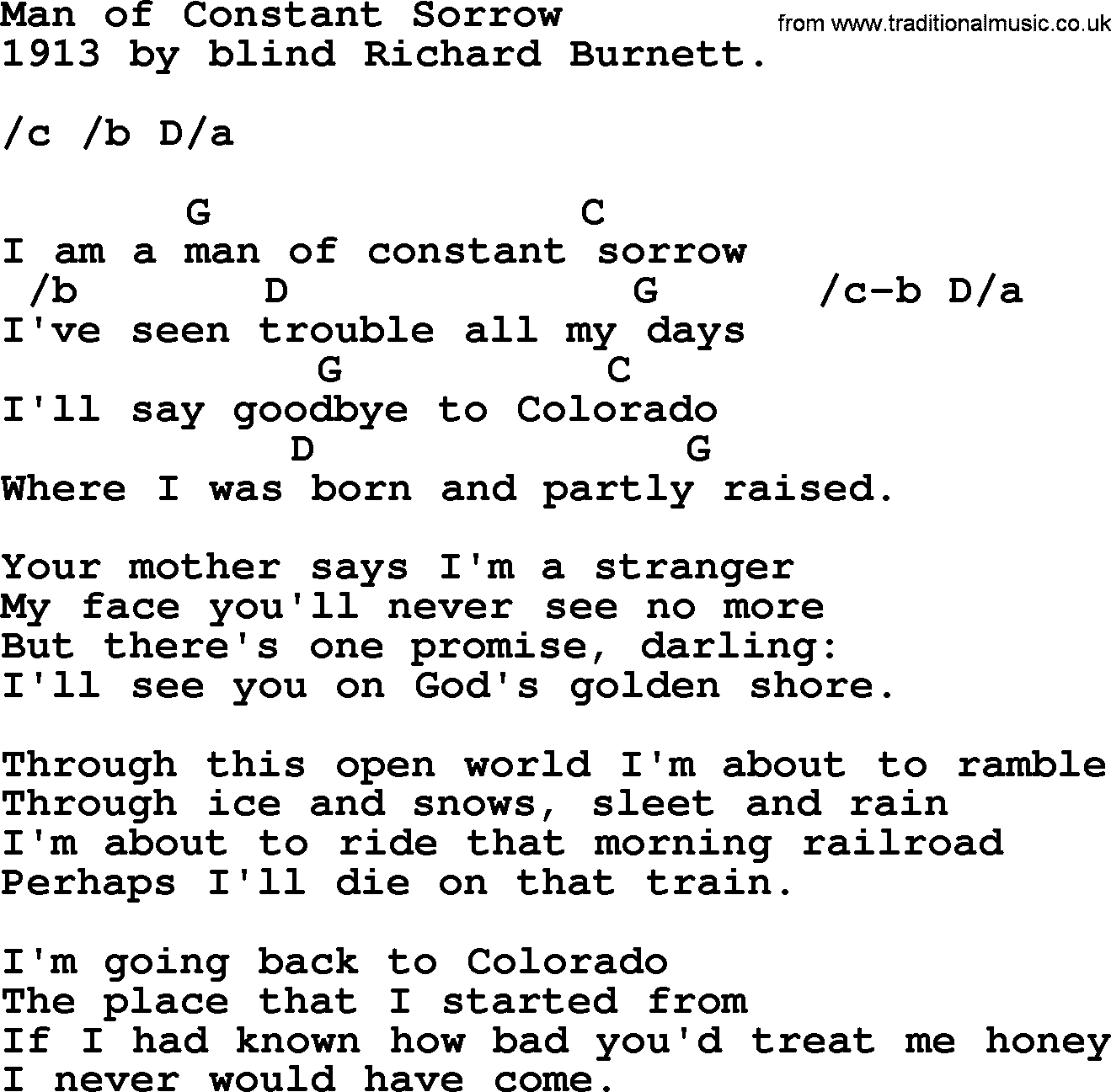 Top 1000 Most Popular Folk and Old-time Songs: Man Of Constant Sorrow, lyrics and chords