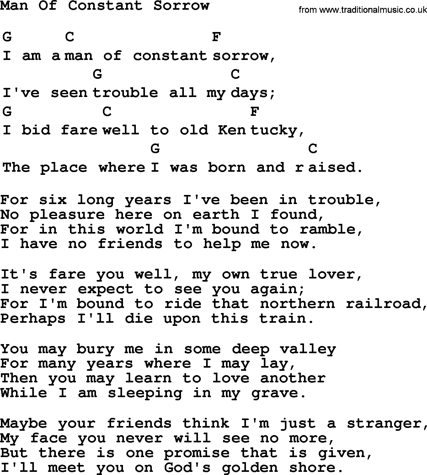 Top 1000 Most Popular Folk and Old-time Songs: Man Of Constant Sorrow, lyrics and chords
