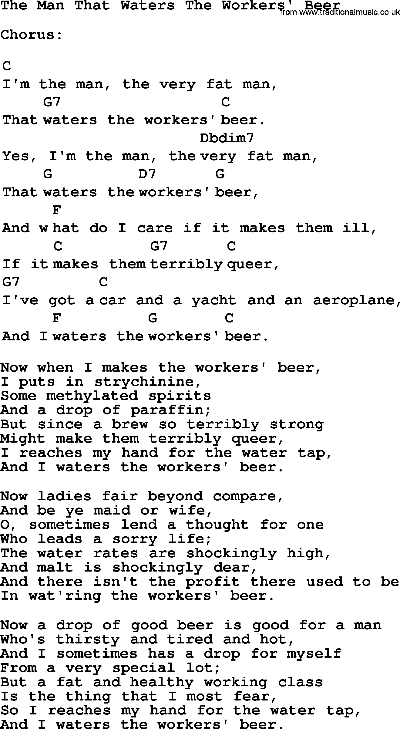 Top 1000 Most Popular Folk and Old-time Songs: Man That Waters The Workers Beer, lyrics and chords