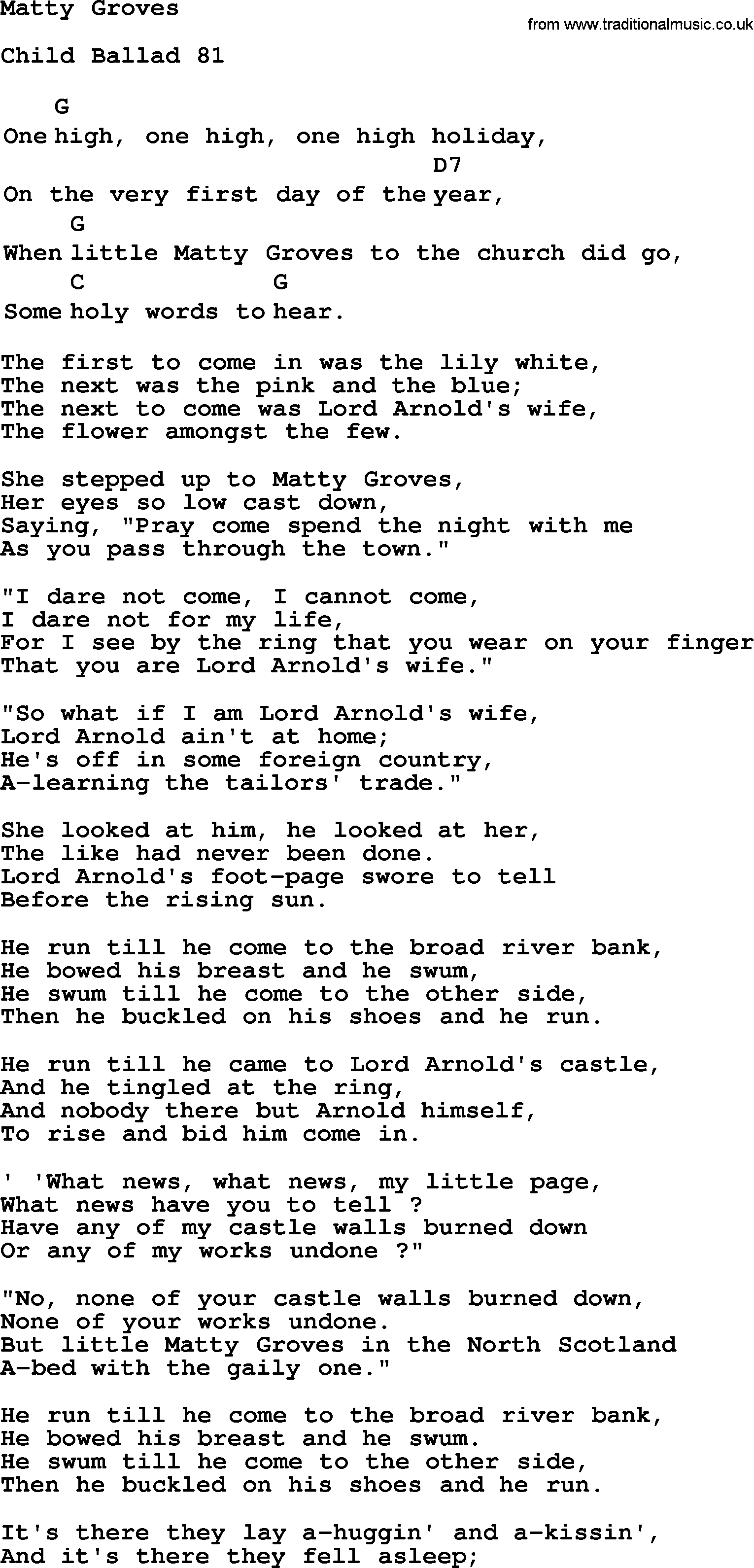 Top 1000 Most Popular Folk and Old-time Songs: Matty Groves, lyrics and chords