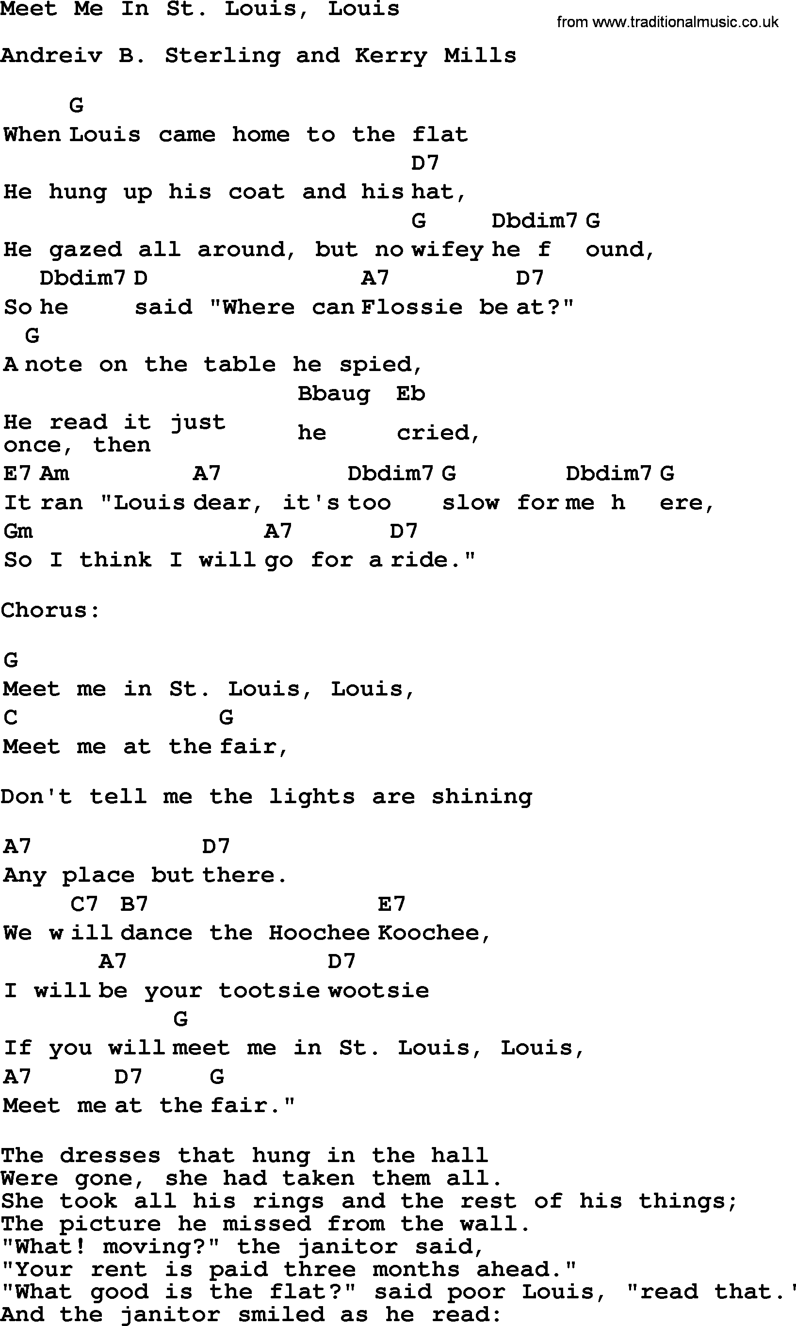 Top 1000 Most Popular Folk and Old-time Songs: Meet Me In St. Louis, Louis, lyrics and chords