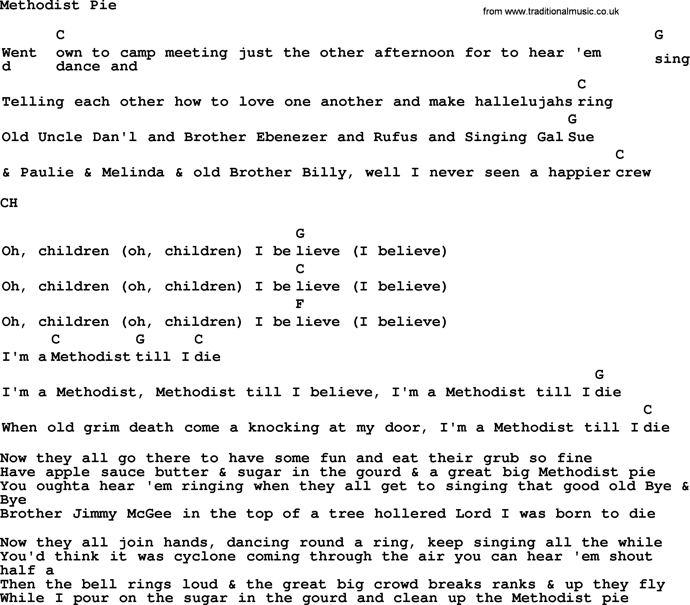 Top 1000 Most Popular Folk and Old-time Songs: Methodist Pie, lyrics and chords