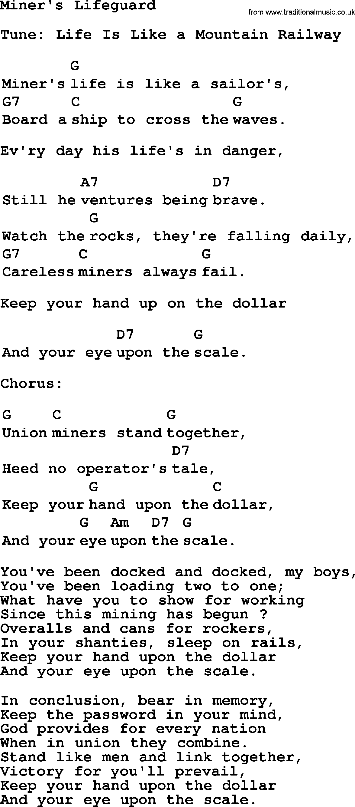 Top 1000 Most Popular Folk and Old-time Songs: Miners Lifeguard, lyrics and chords