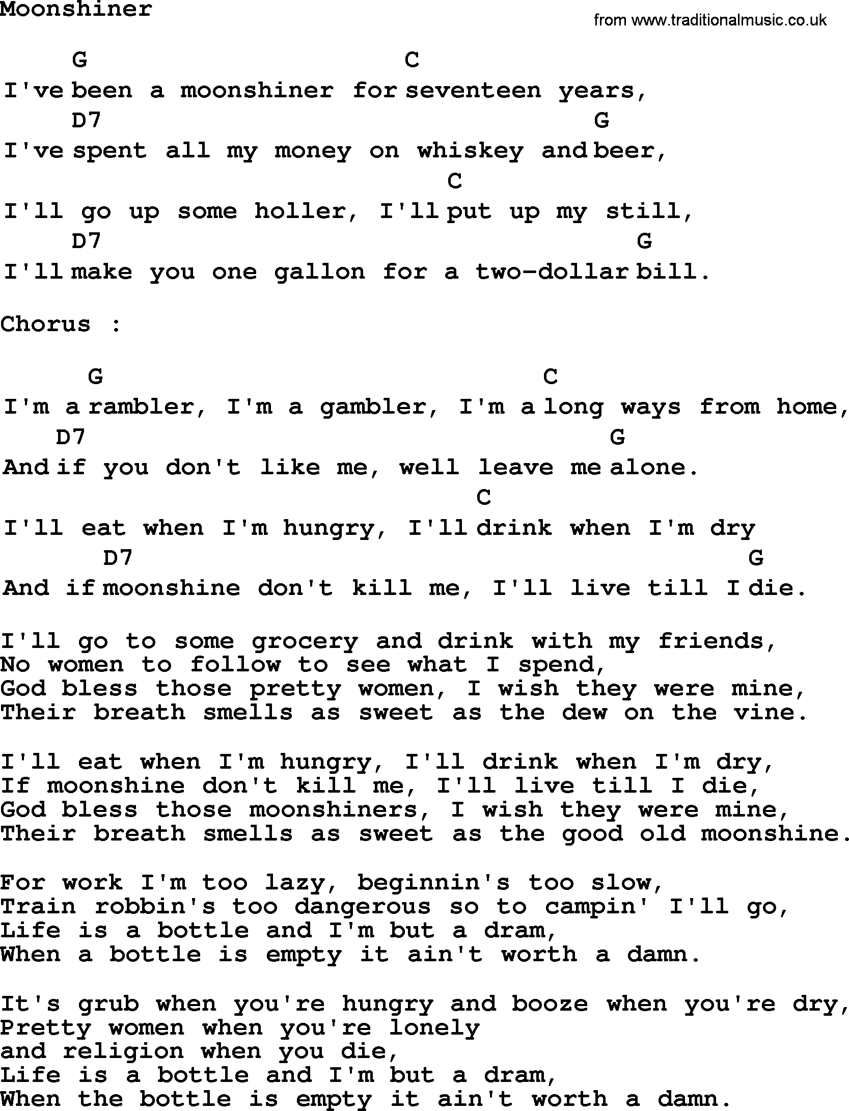 Top 1000 Most Popular Folk and Old-time Songs: Moonshiner, lyrics and chords