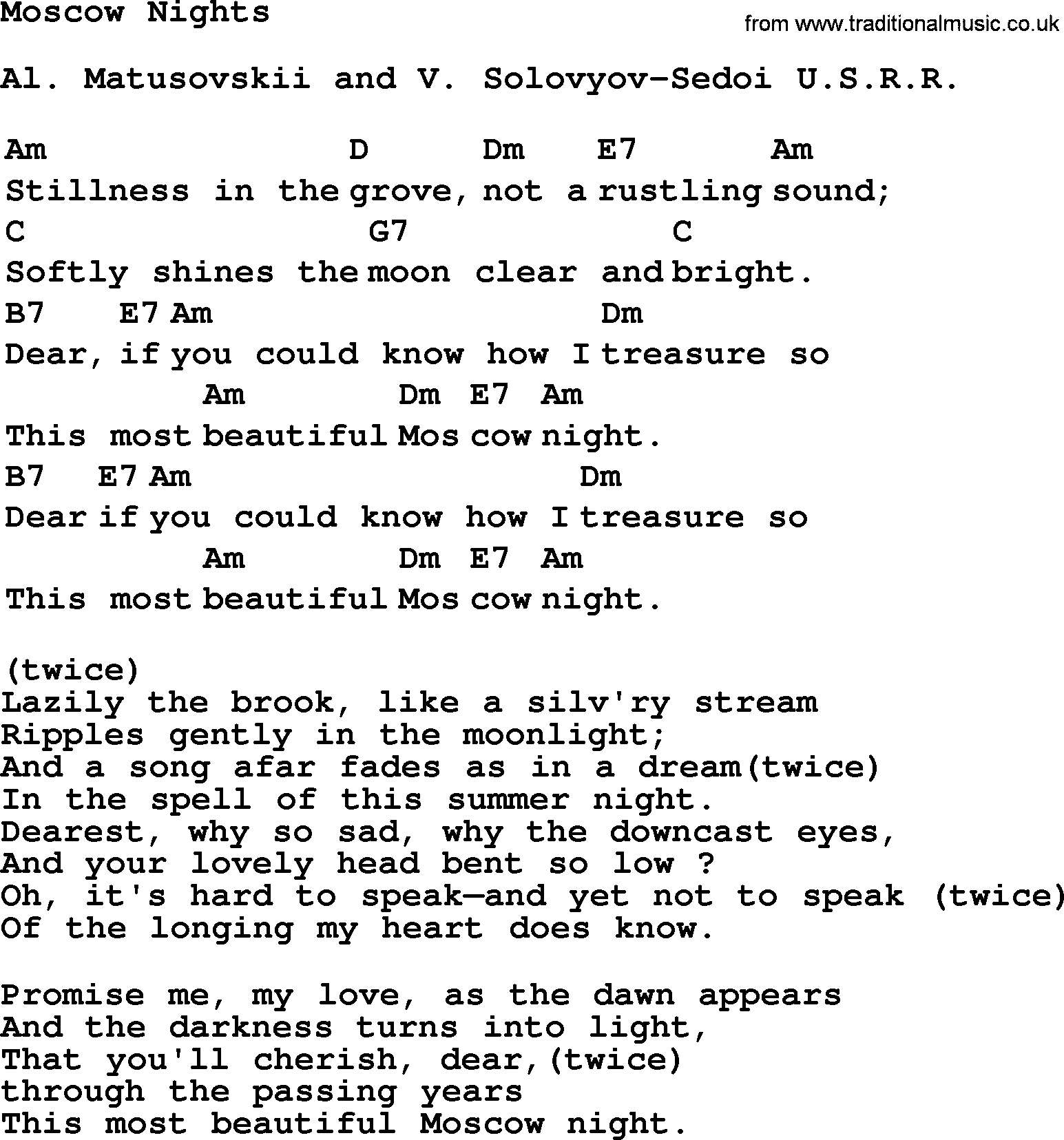 Top 1000 Most Popular Folk and Old-time Songs: Moscow Nights, lyrics and chords