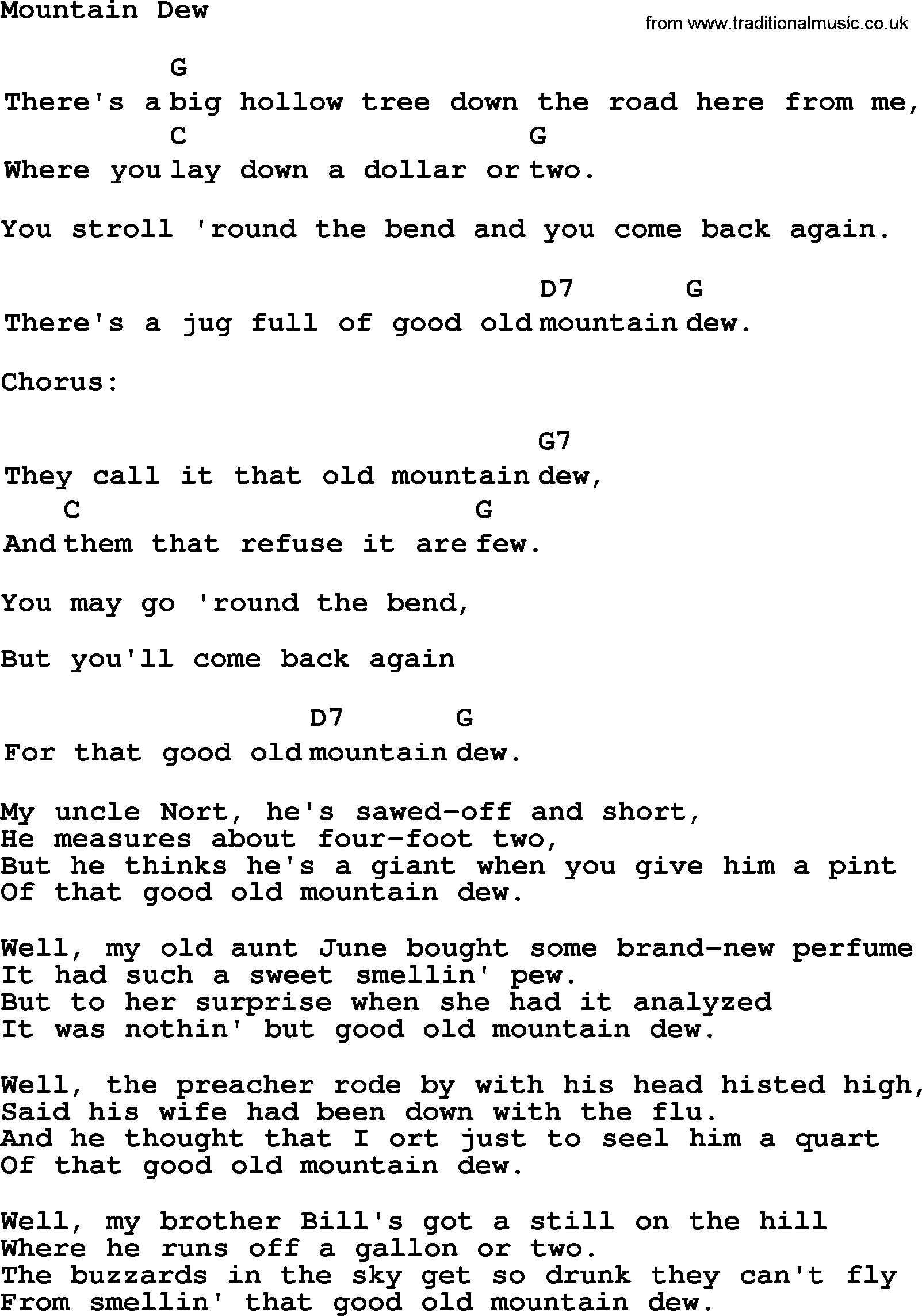 Top 1000 Most Popular Folk and Old-time Songs: Mountain Dew, lyrics and chords