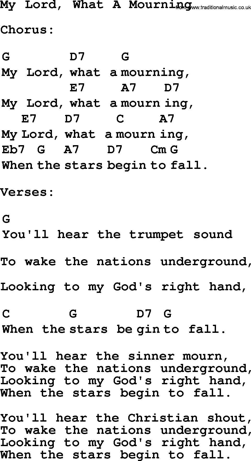 Top 1000 Most Popular Folk and Old-time Songs: My Lord, What A Mourning, lyrics and chords