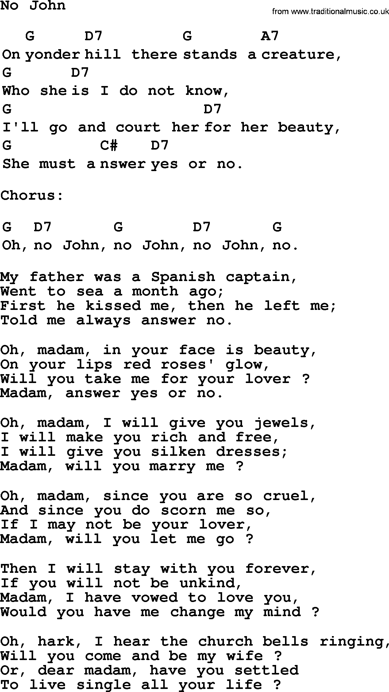 Top 1000 Most Popular Folk and Old-time Songs: No John, lyrics and chords