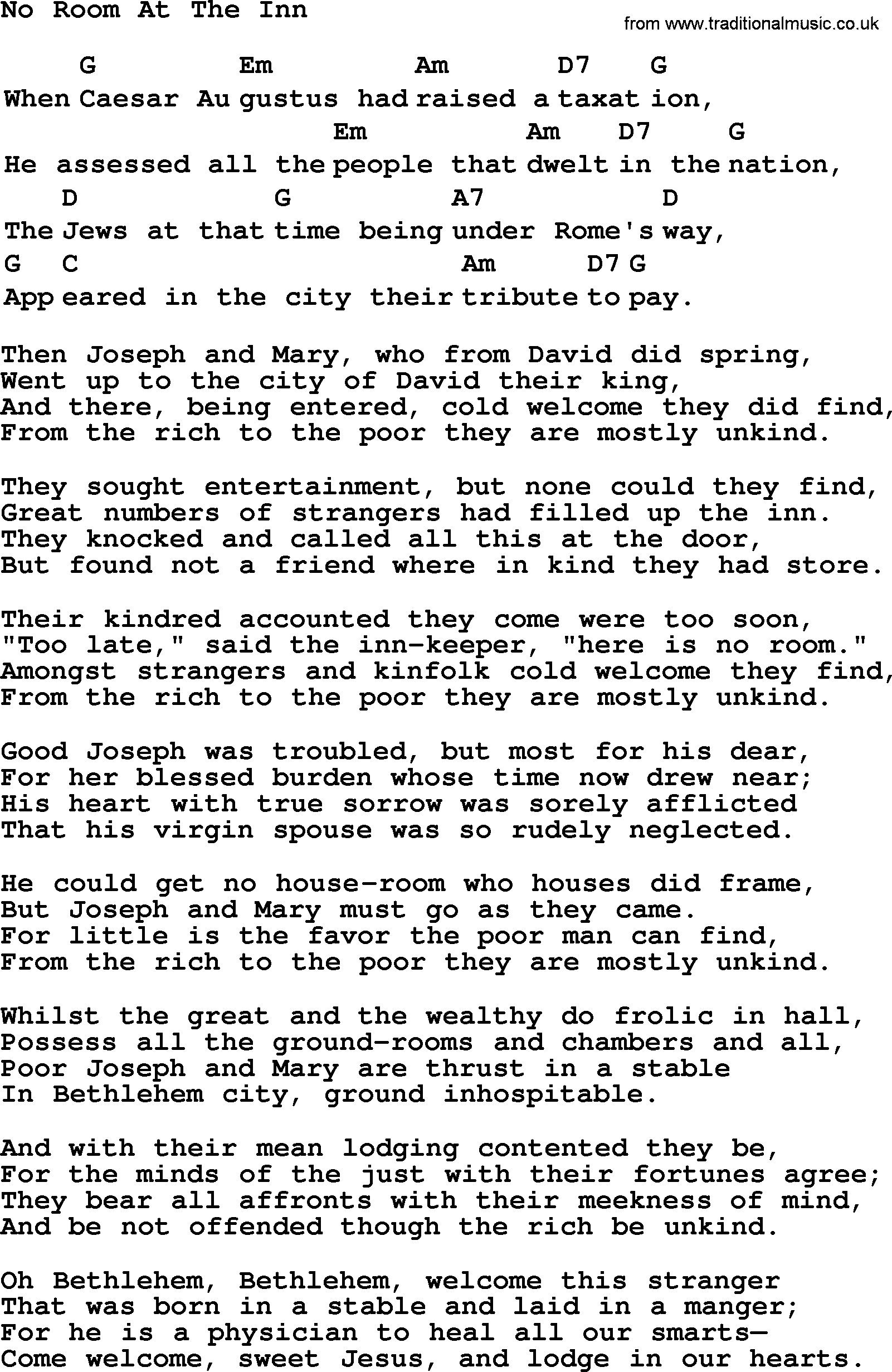 Top 1000 Most Popular Folk and Old-time Songs: No Room At The Inn, lyrics and chords