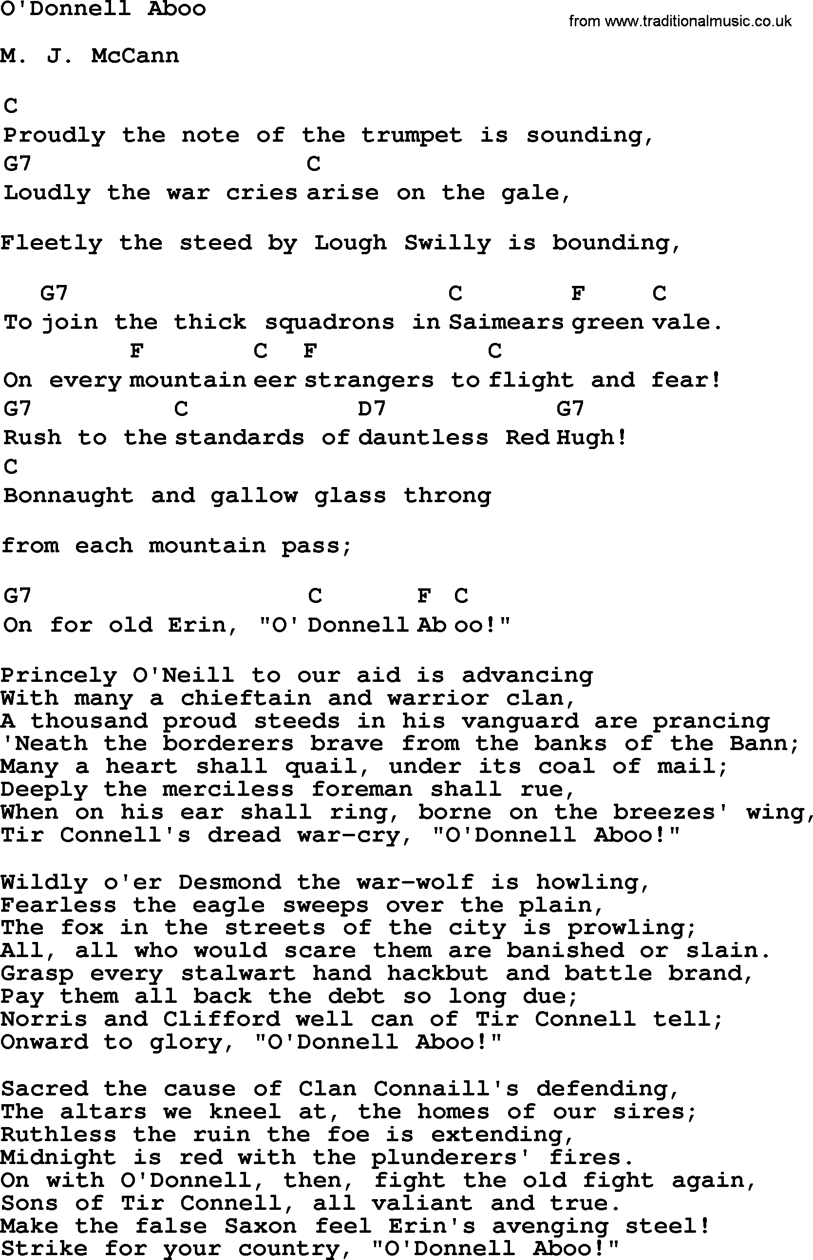Top 1000 Most Popular Folk and Old-time Songs: ODonnell Aboo, lyrics and chords