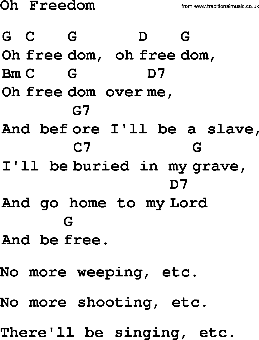 Top 1000 Most Popular Folk and Old-time Songs: Oh Freedom, lyrics and chords