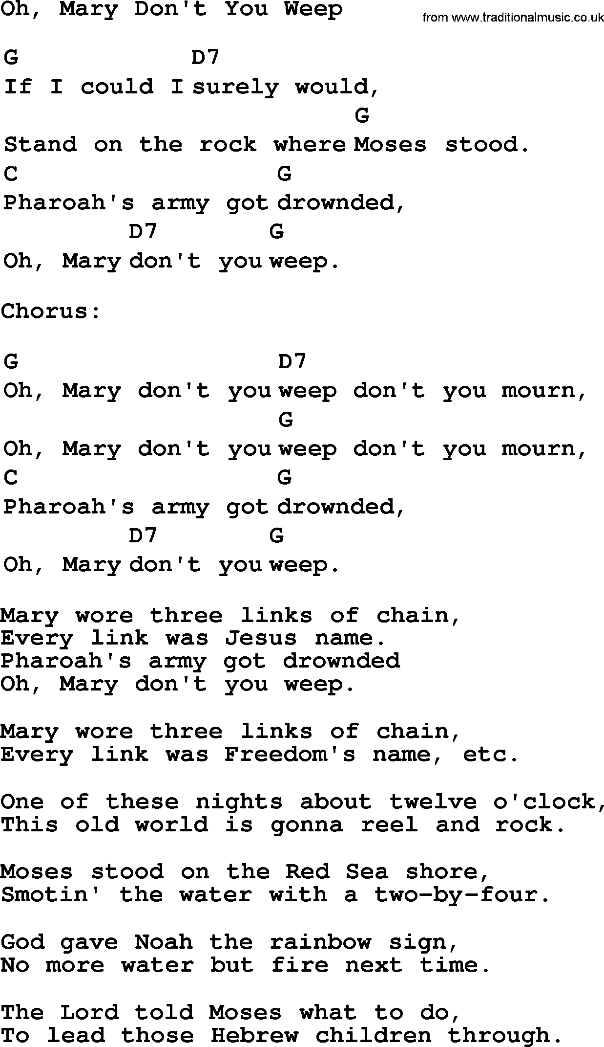 Top 1000 Most Popular Folk and Old-time Songs: Oh, Mary Dont You Weep, lyrics and chords
