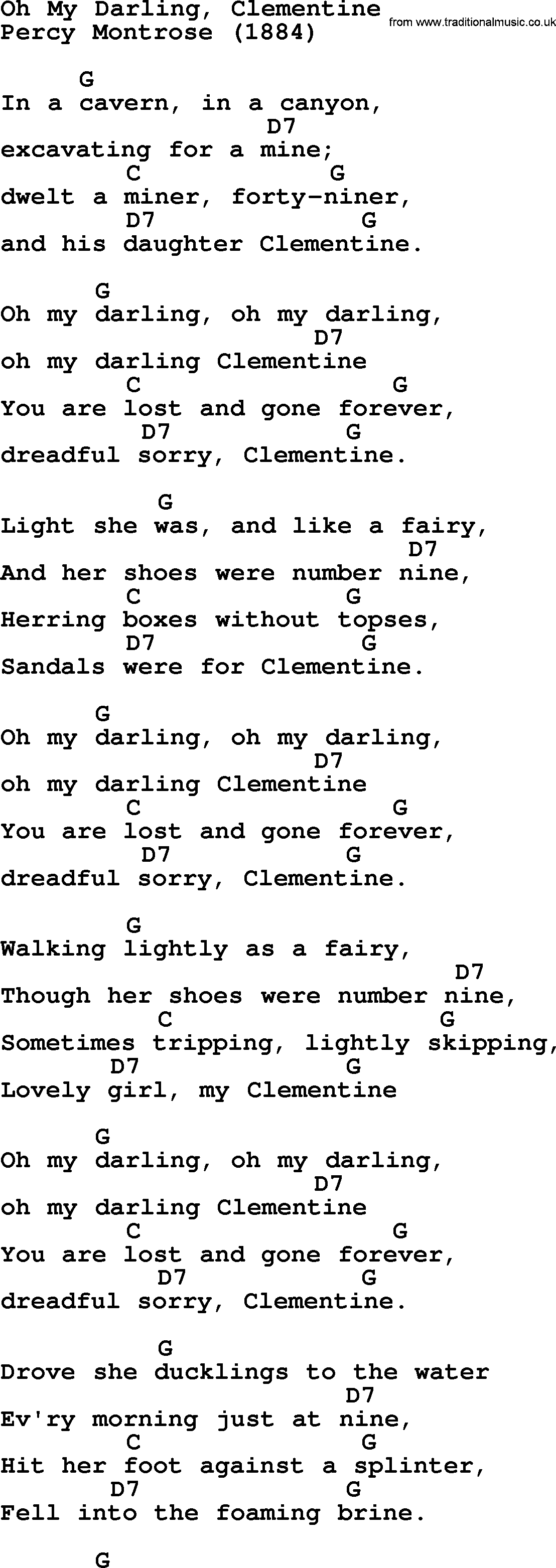 Top 1000 Most Popular Folk and Old-time Songs: Oh My Darling, Clementine, lyrics and chords