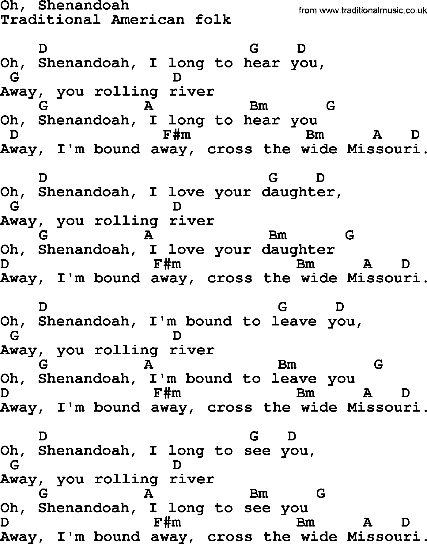Top 1000 Most Popular Folk and Old-time Songs: Oh, Shenandoah, lyrics and chords