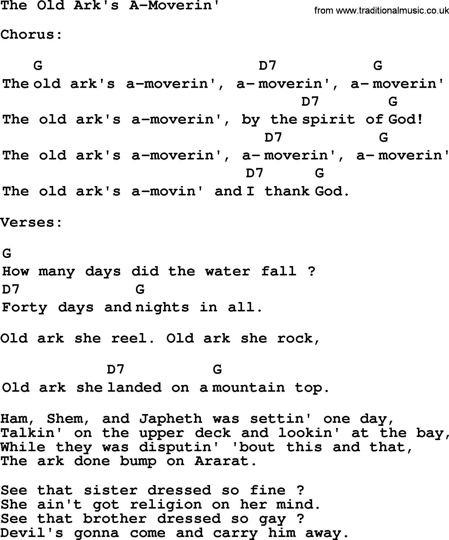 Top 1000 Most Popular Folk and Old-time Songs: Old Arks A-Moverin, lyrics and chords