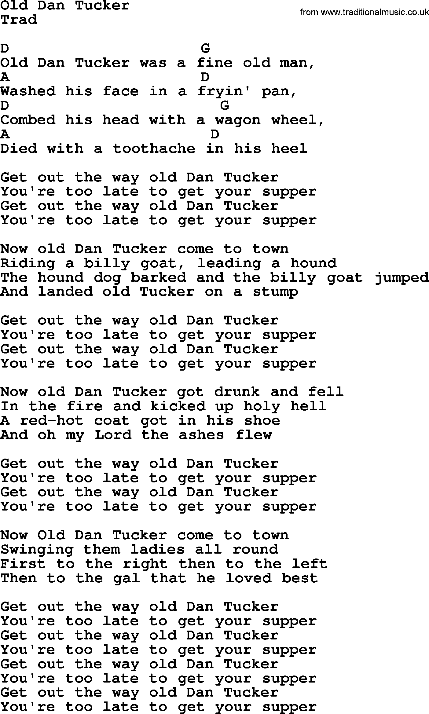 Top 1000 Most Popular Folk and Old-time Songs: Old Dan Tucker, lyrics and chords