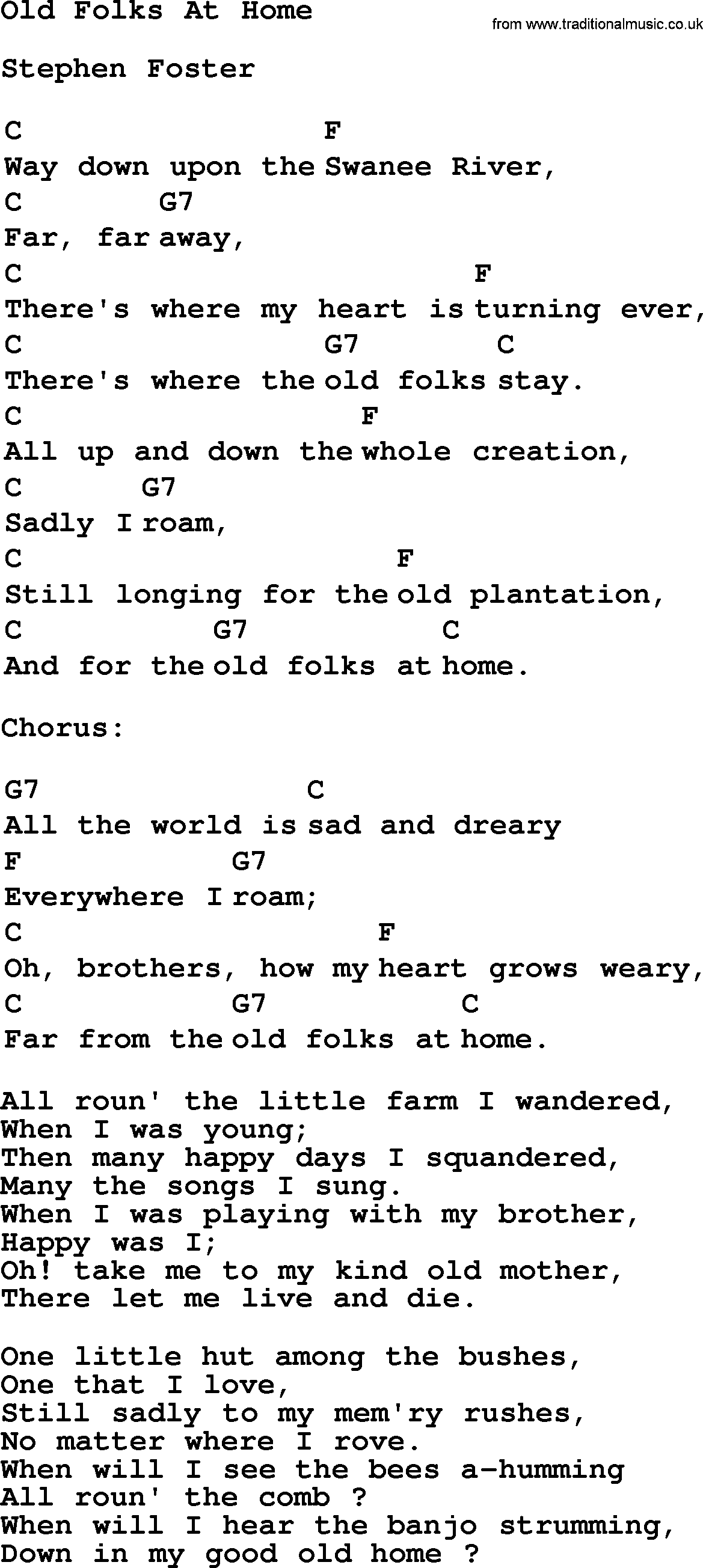 Top 1000 Most Popular Folk and Old-time Songs: Old Folks At Home, lyrics and chords