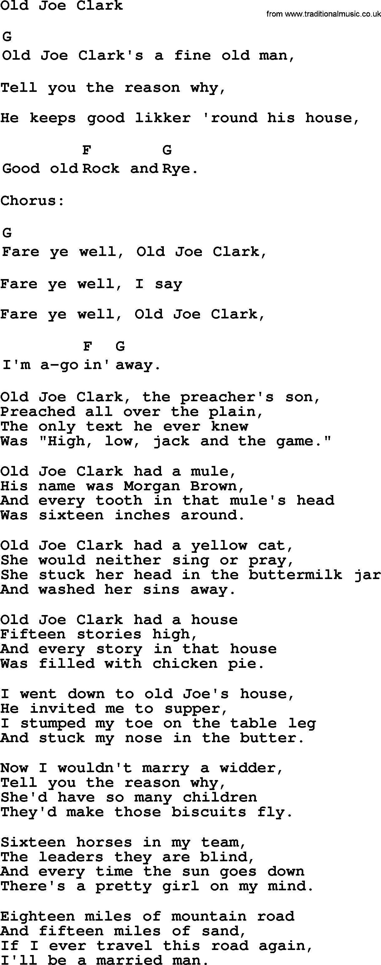 Top 1000 Most Popular Folk and Old-time Songs: Old Joe Clark, lyrics and chords