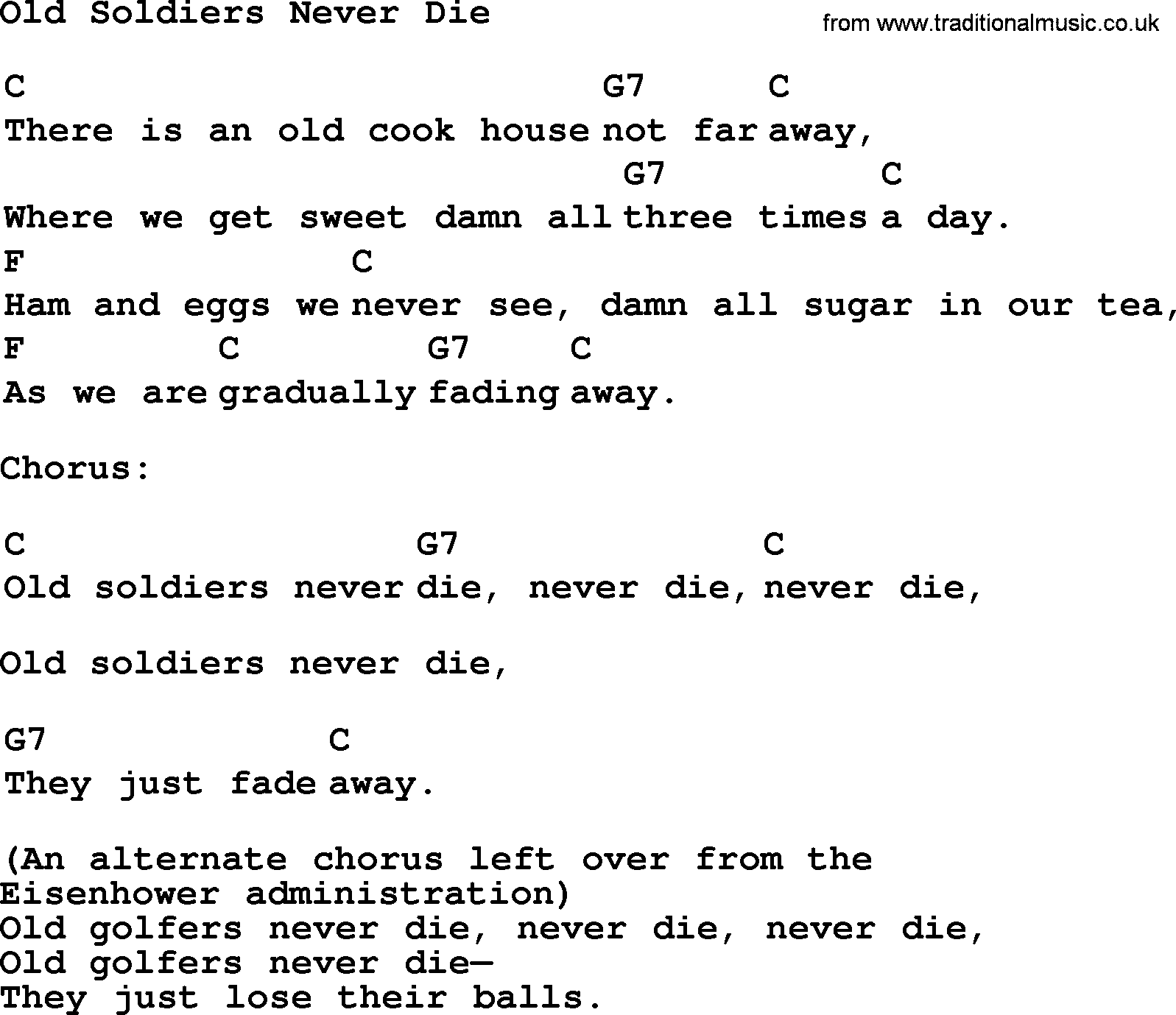 Top 1000 Most Popular Folk and Old-time Songs: Old Soldiers Never Die, lyrics and chords