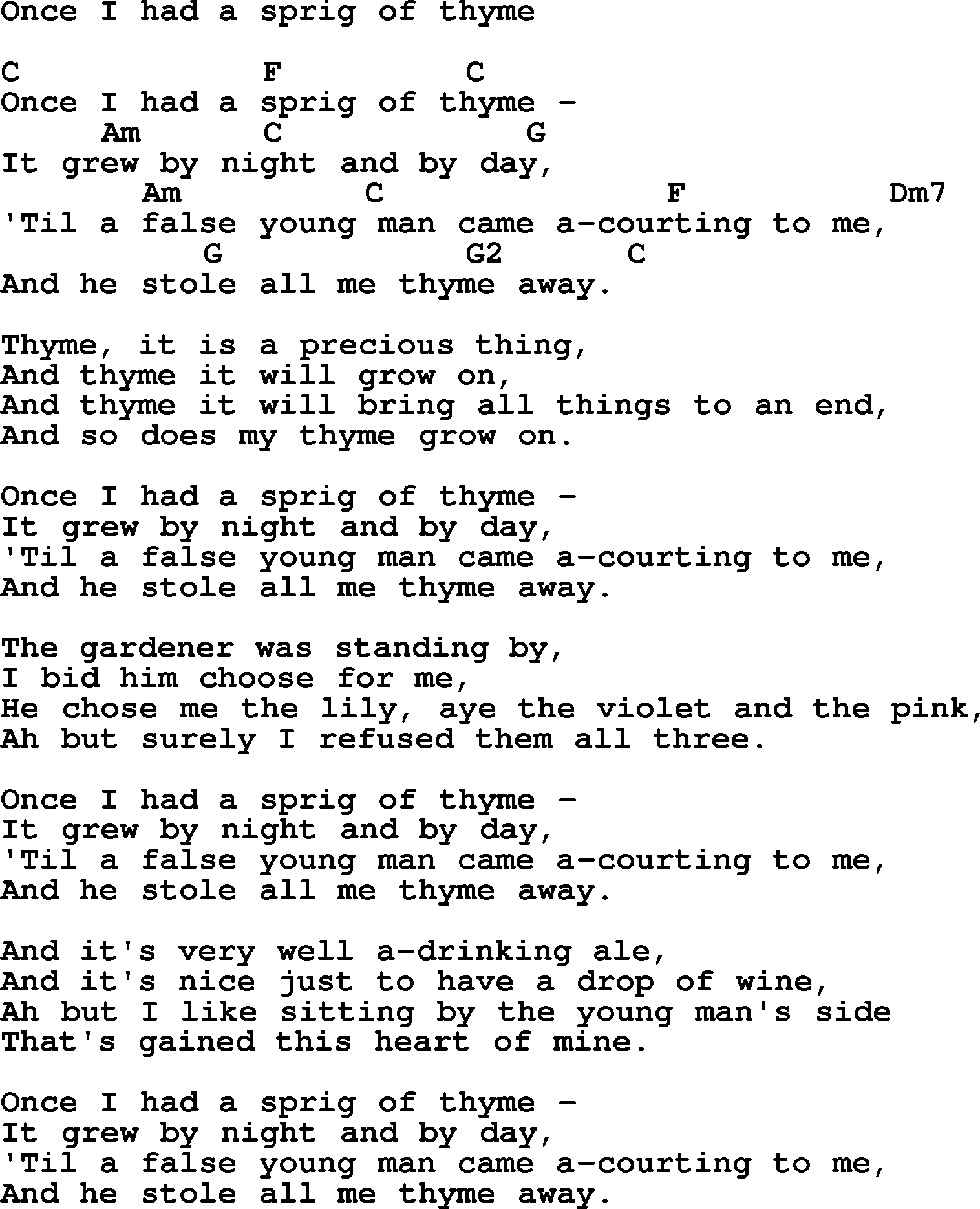 Top 1000 Most Popular Folk and Old-time Songs: Once I Had A Sprig Of Thyme, lyrics and chords