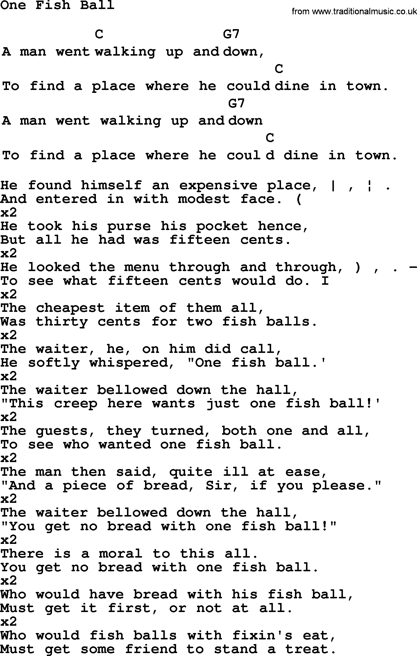 Top 1000 Most Popular Folk and Old-time Songs: One Fish Ball, lyrics and chords