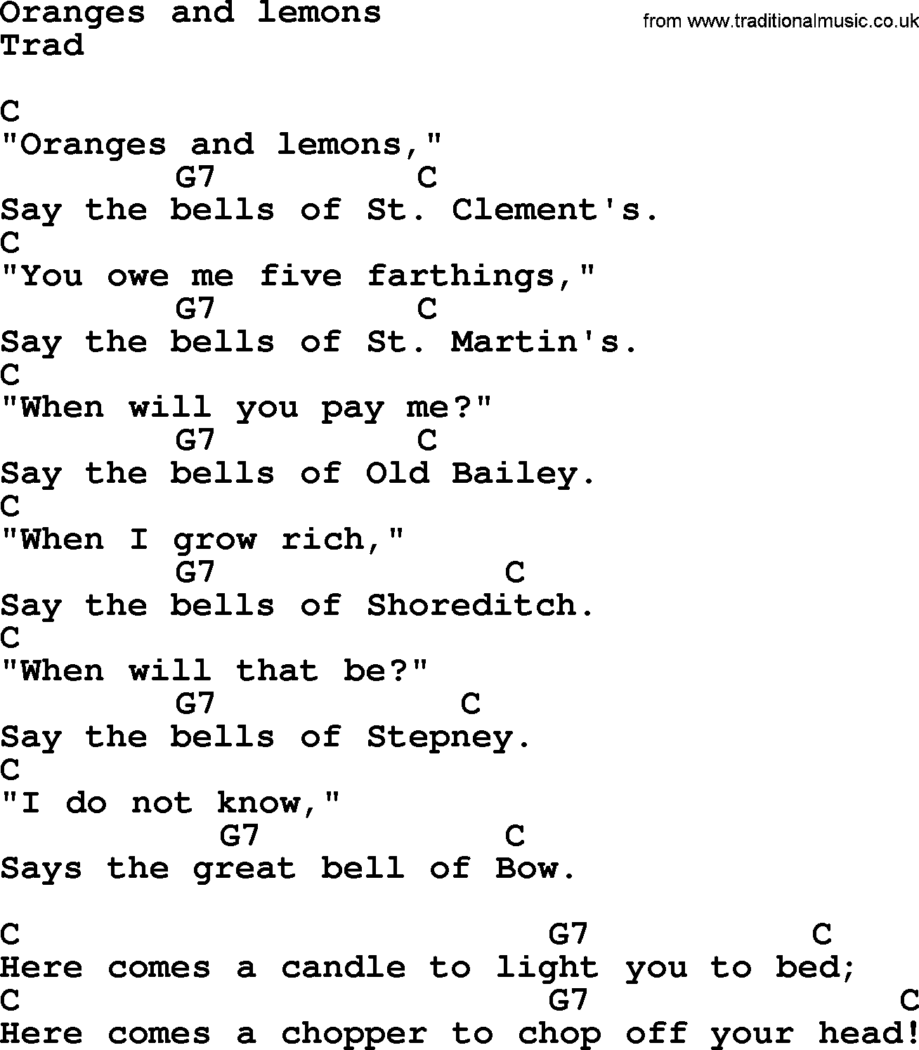 Top 1000 Most Popular Folk and Old-time Songs: Oranges And Lemons, lyrics and chords